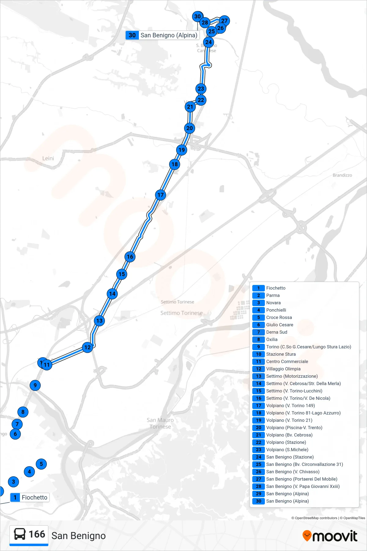 Linea 166 bus (San Benigno) - Percorsi e fermate sulla mappa
