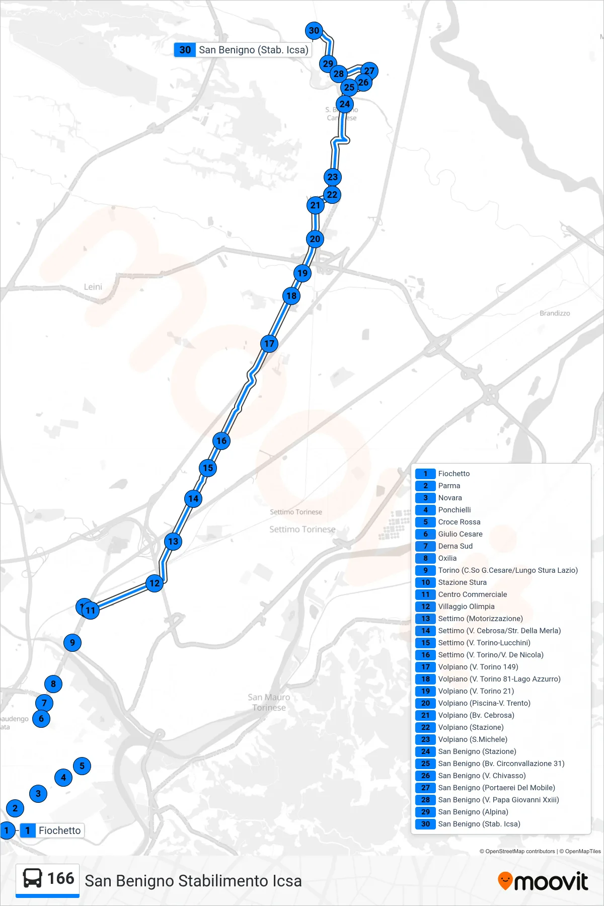 Linea 166  bus (San Benigno Stabilimento Icsa) - Percorsi e fermate sulla mappa