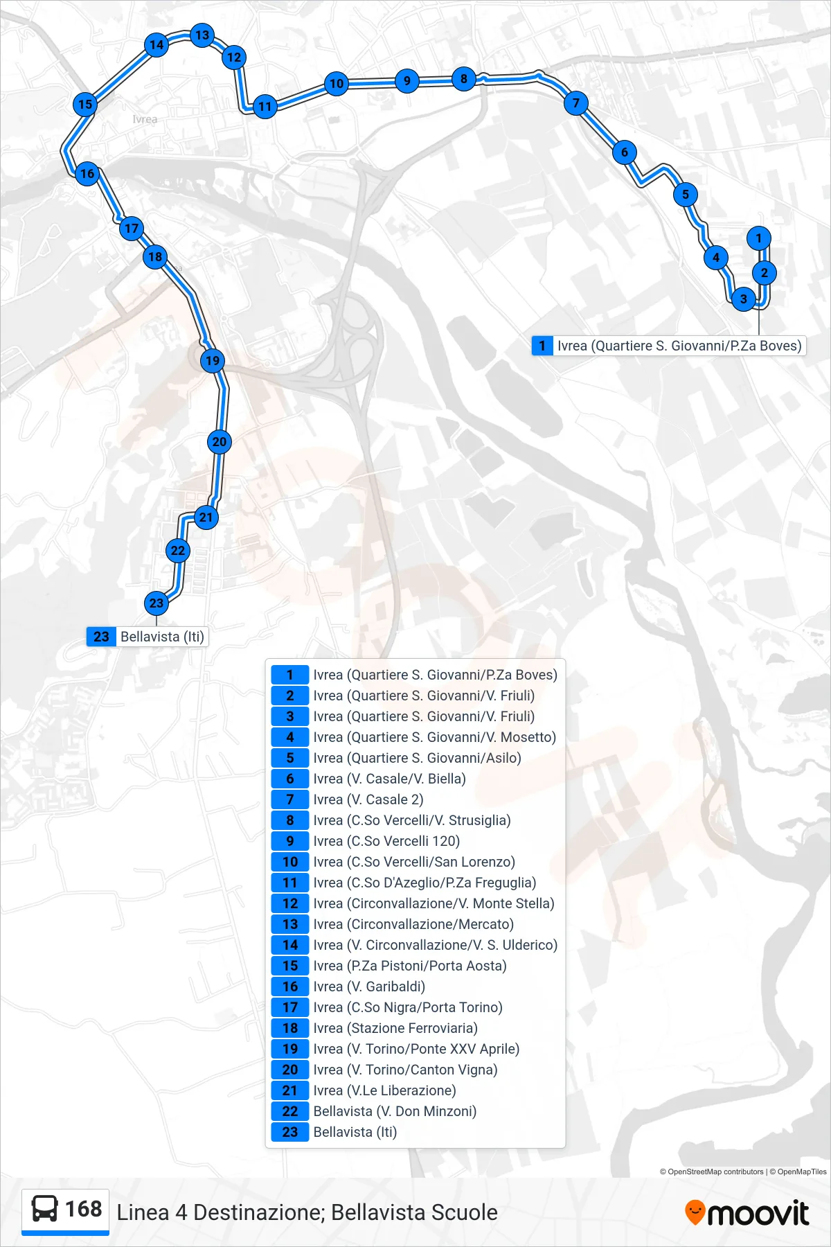 Linea 168 bus (Linea 4 Destinazione; Bellavista Scuole) - Percorsi e fermate sulla mappa