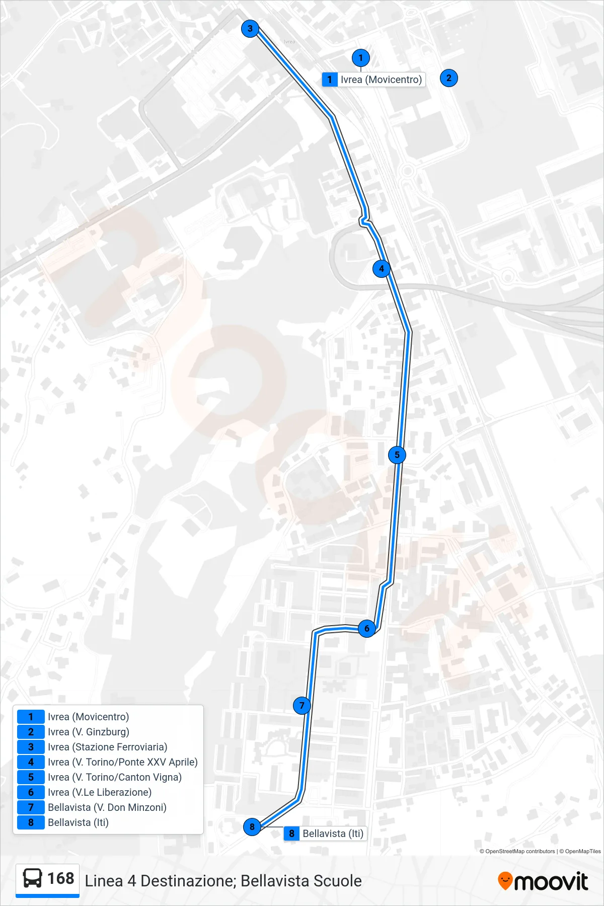 Linea 168 bus (Linea 4 Destinazione; Bellavista Scuole) - Percorsi e fermate sulla mappa
