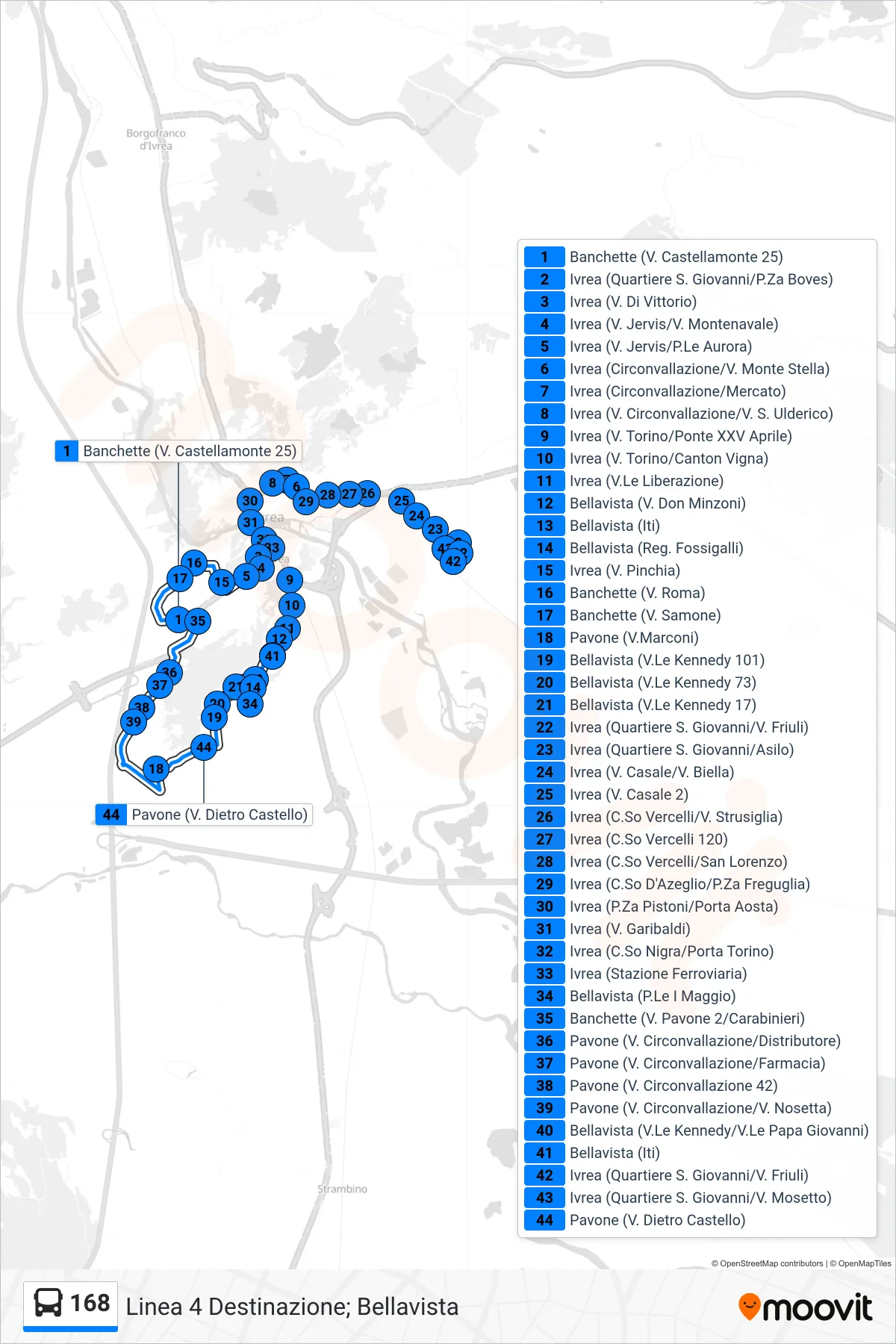 Linea 168 bus (Linea 4 Destinazione; Bellavista) - Percorsi e fermate sulla mappa