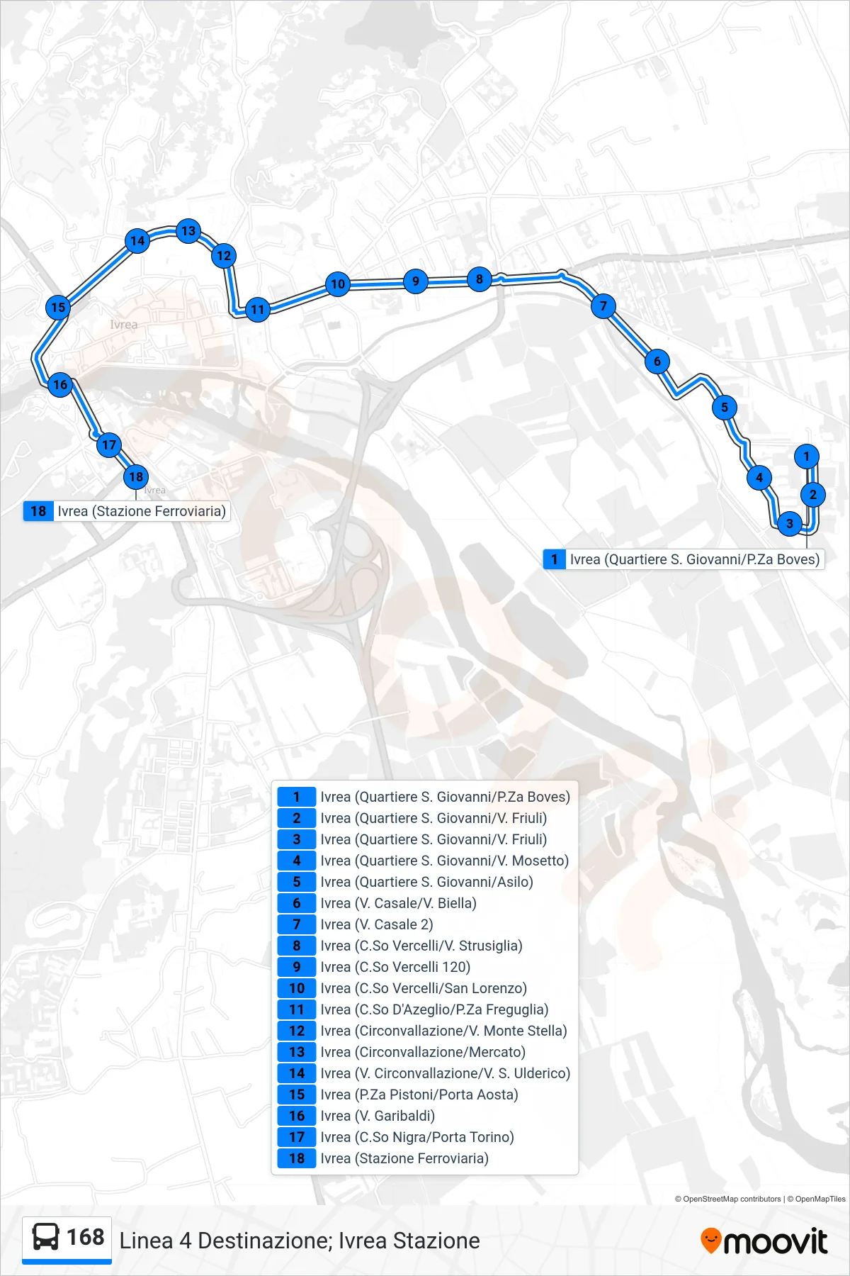 Linea 168 bus (Linea 4 Destinazione; Ivrea Stazione) - Percorsi e fermate sulla mappa