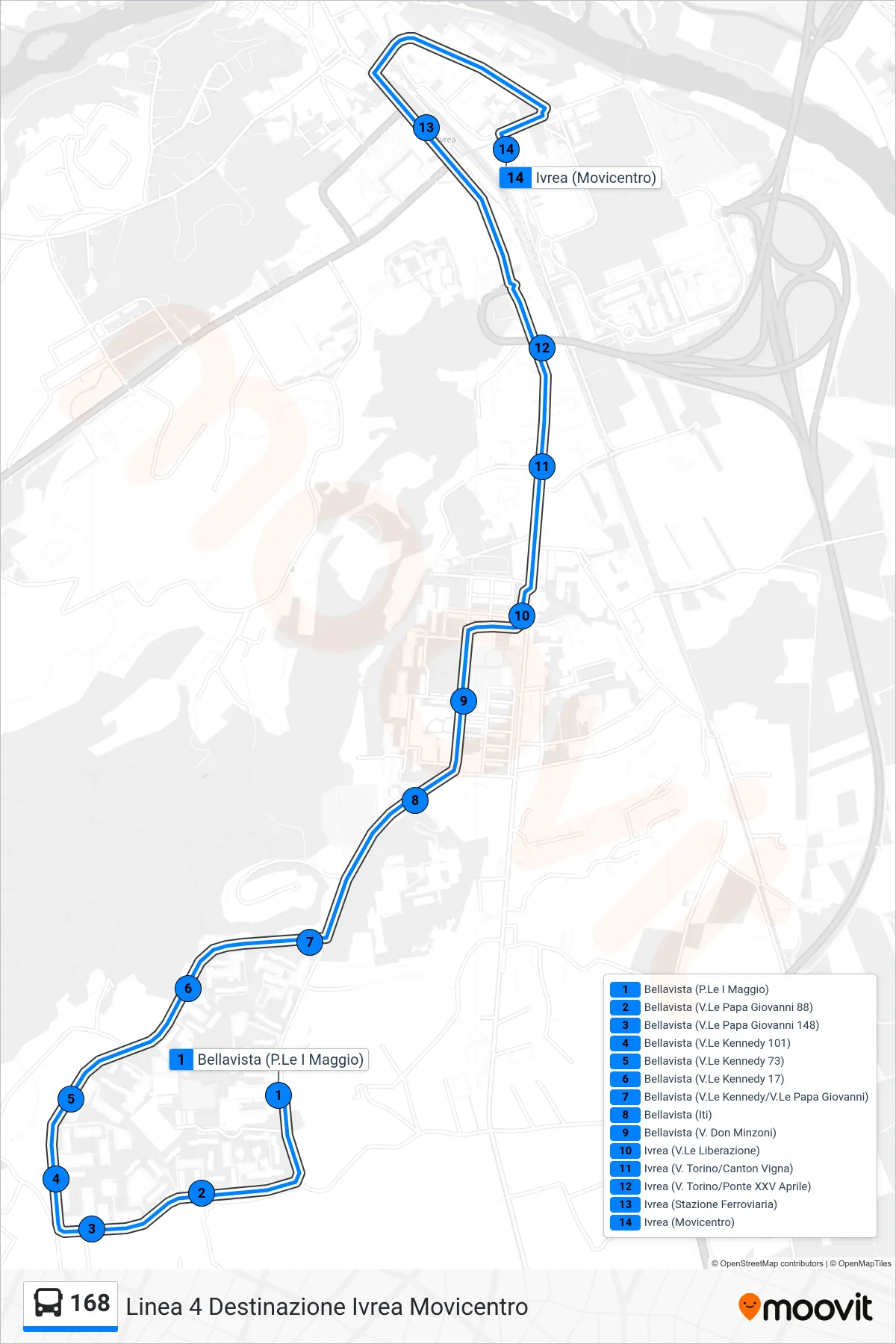 Linea 168 bus (Linea 4 Destinazione Ivrea Movicentro) - Percorsi e fermate sulla mappa