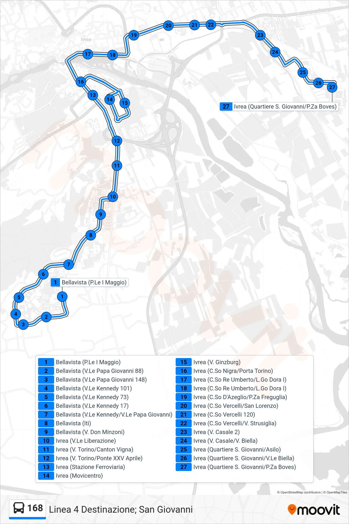 Linea 168  bus (Linea 4 Destinazione; San Giovanni) - Percorsi e fermate sulla mappa