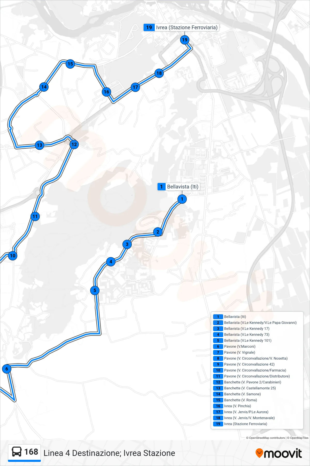 Linea 168  bus (Linea 4 Destinazione; Ivrea Stazione) - Percorsi e fermate sulla mappa