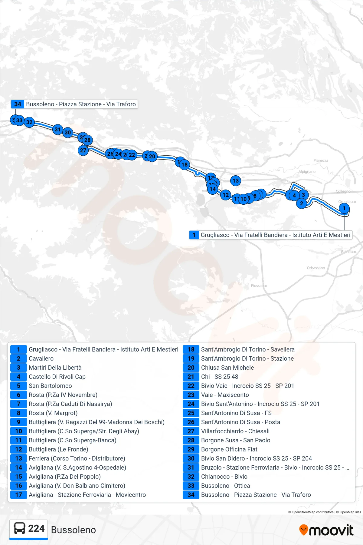 Linea 224 bus (Bussoleno) - Percorsi e fermate sulla mappa
