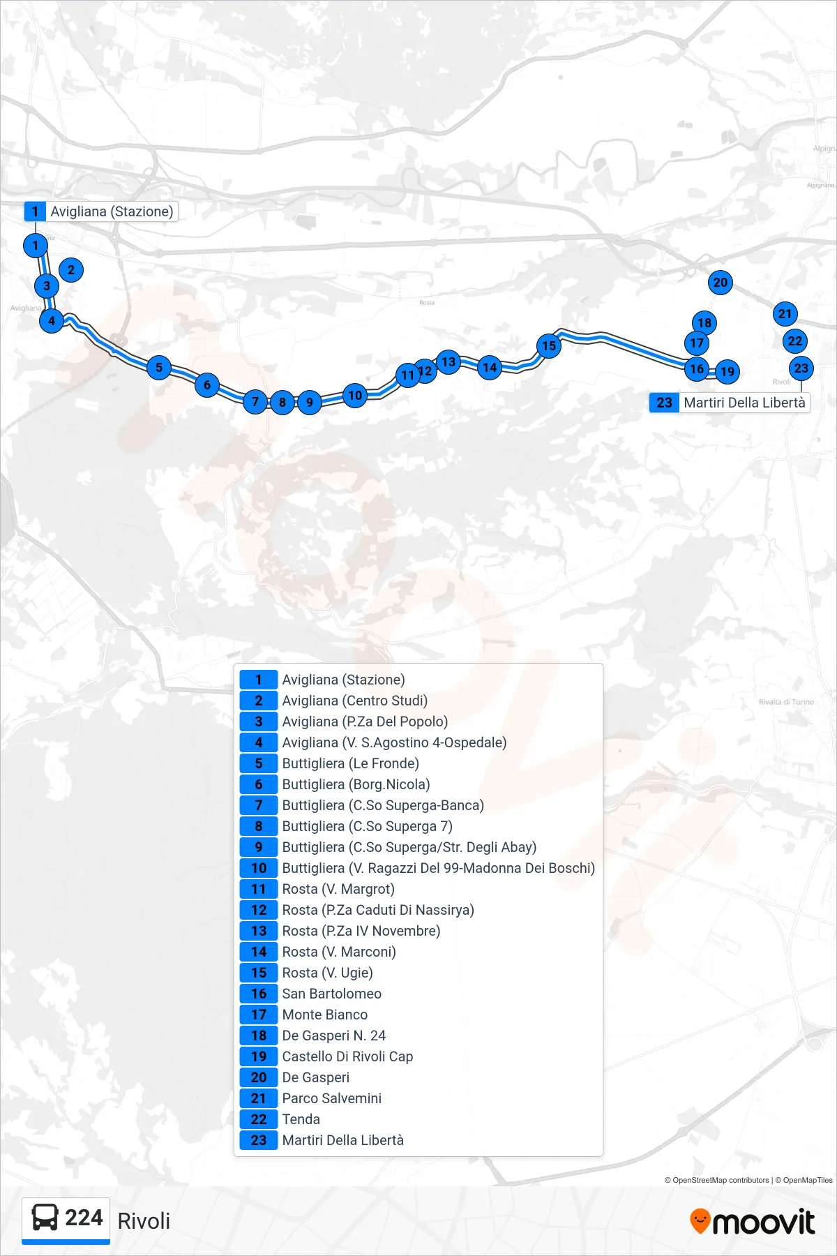 Linea 224 bus (Rivoli) - Percorsi e fermate sulla mappa