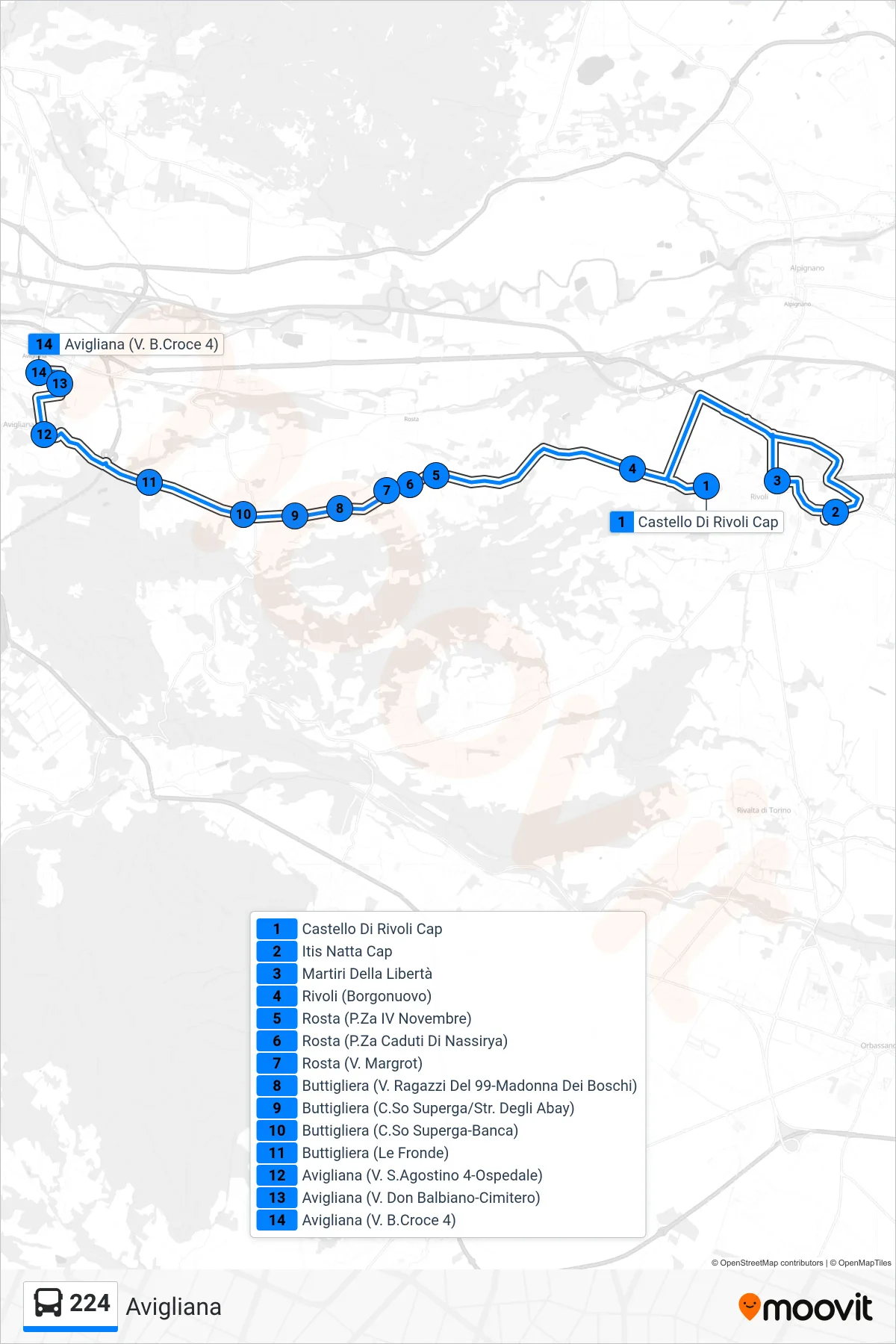 Linea 224  bus (Avigliana) - Percorsi e fermate sulla mappa