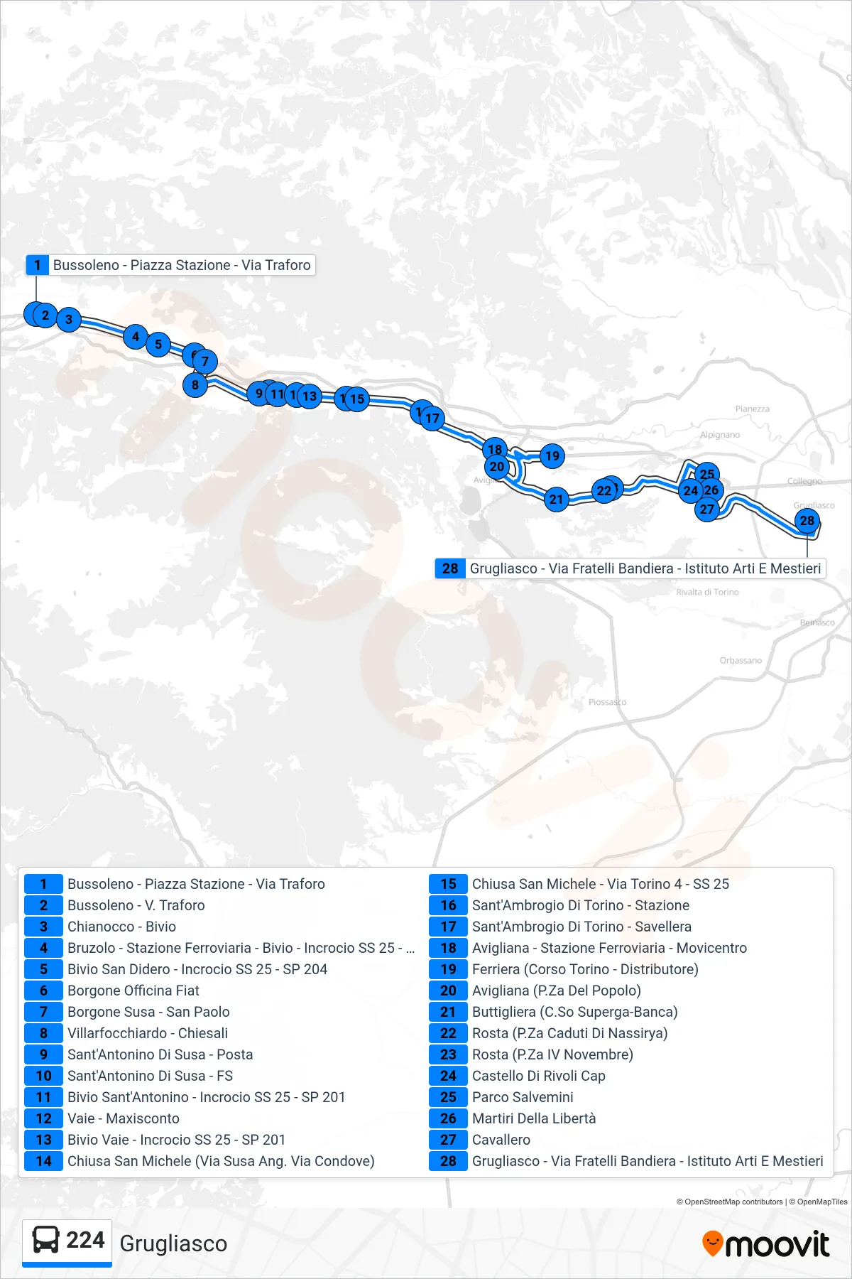 Linea 224  bus (Grugliasco) - Percorsi e fermate sulla mappa