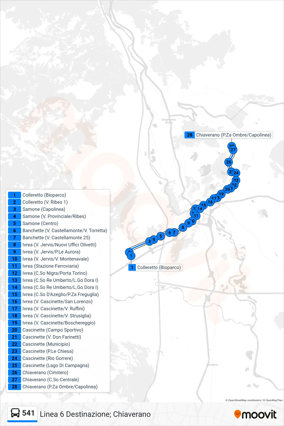 Linea 541  bus (Linea 6 Destinazione; Chiaverano) - Percorsi e fermate sulla mappa