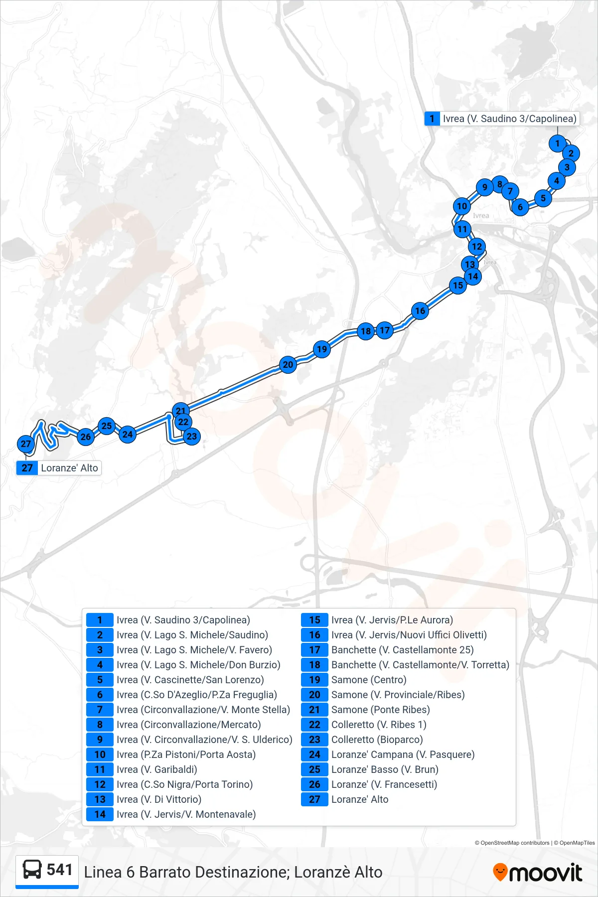 Linea 541 bus (Linea 6 Barrato Destinazione; Loranzè Alto) - Percorsi e fermate sulla mappa