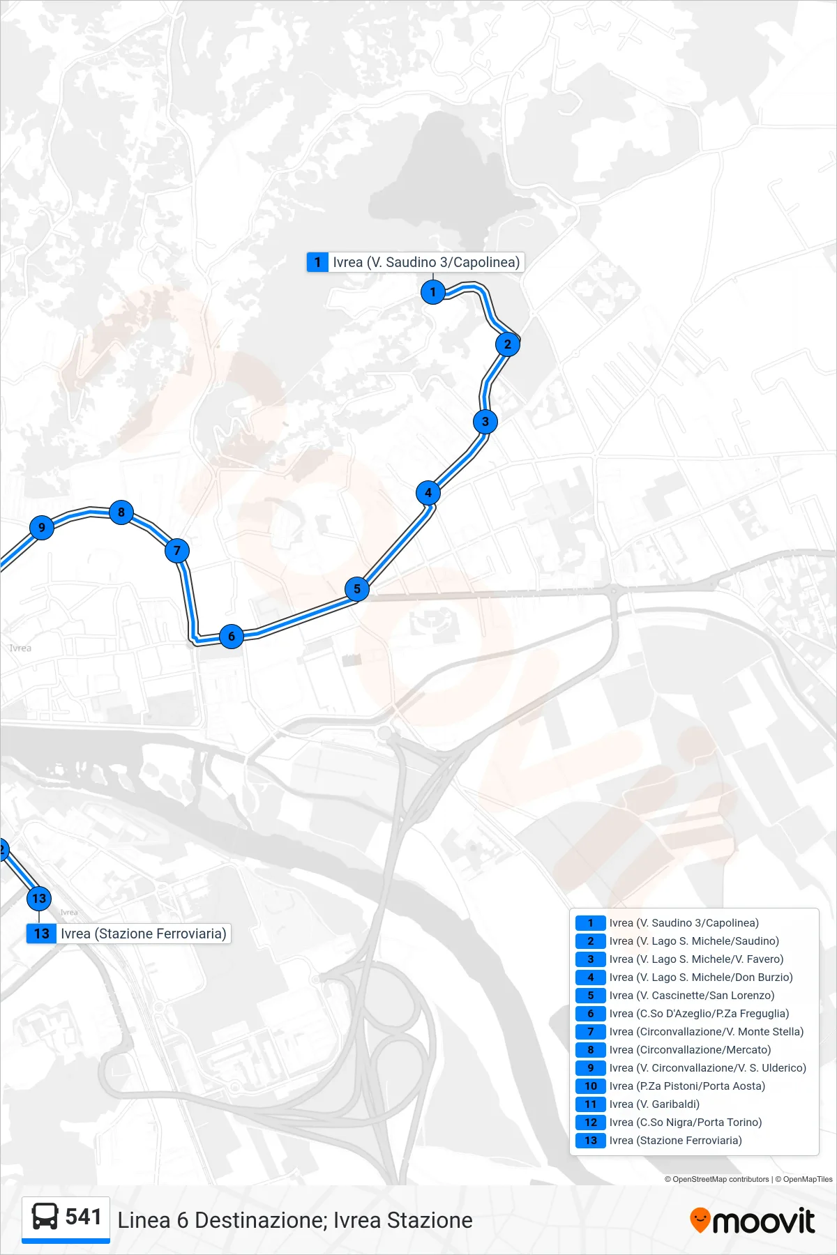 Linea 541  bus (Linea 6 Destinazione; Ivrea Stazione) - Percorsi e fermate sulla mappa