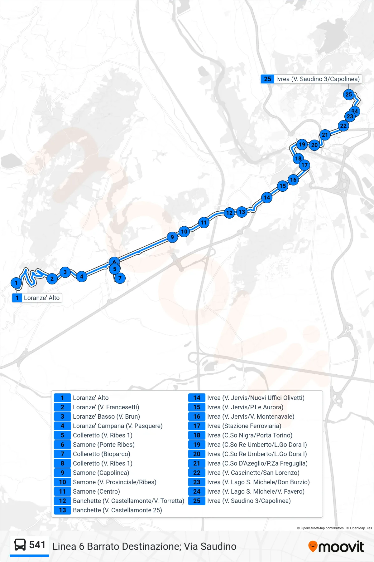 Linea 541 bus (Linea 6 Barrato Destinazione; Via Saudino) - Percorsi e fermate sulla mappa