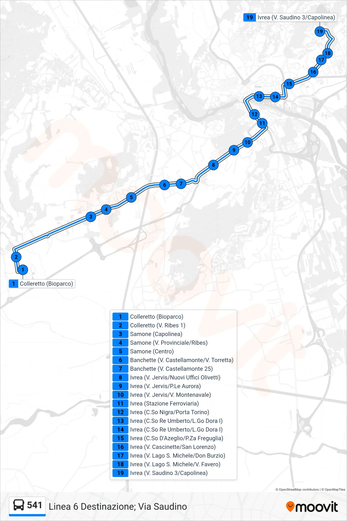 Linea 541 bus (Linea 6 Destinazione; Via Saudino) - Percorsi e fermate sulla mappa