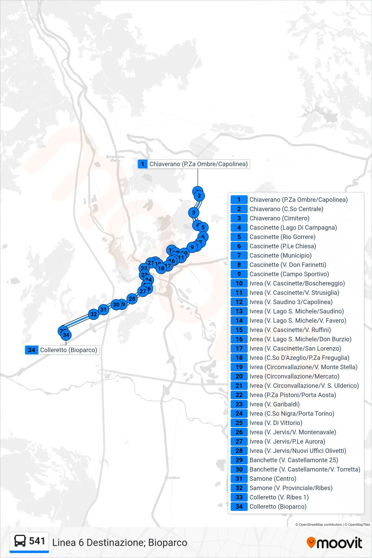 Linea 541 bus (Linea 6 Destinazione; Bioparco) - Percorsi e fermate sulla mappa