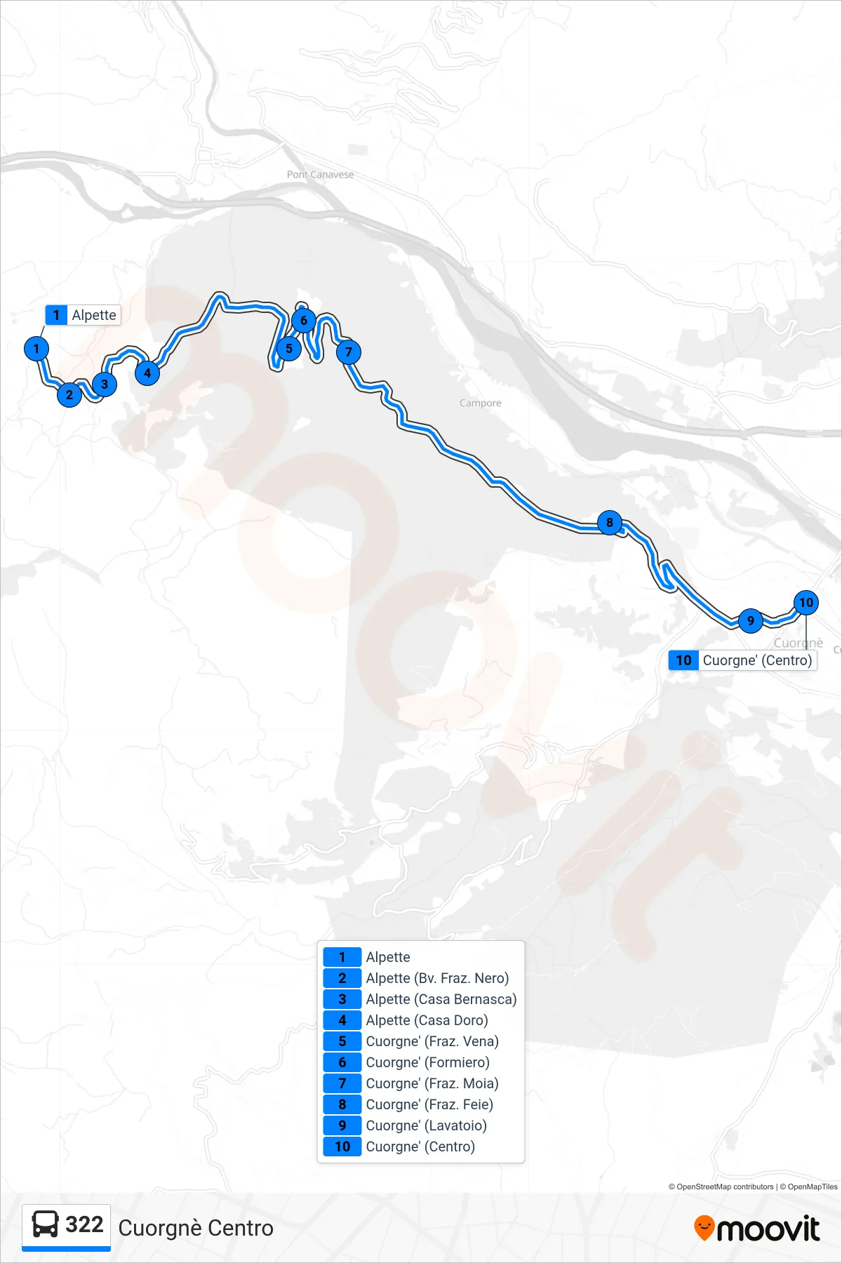 Linea 322 bus (Cuorgnè Centro) - Percorsi e fermate sulla mappa
