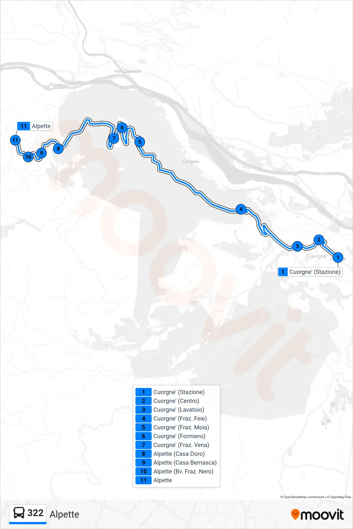 Linea 322 bus (Alpette) - Percorsi e fermate sulla mappa