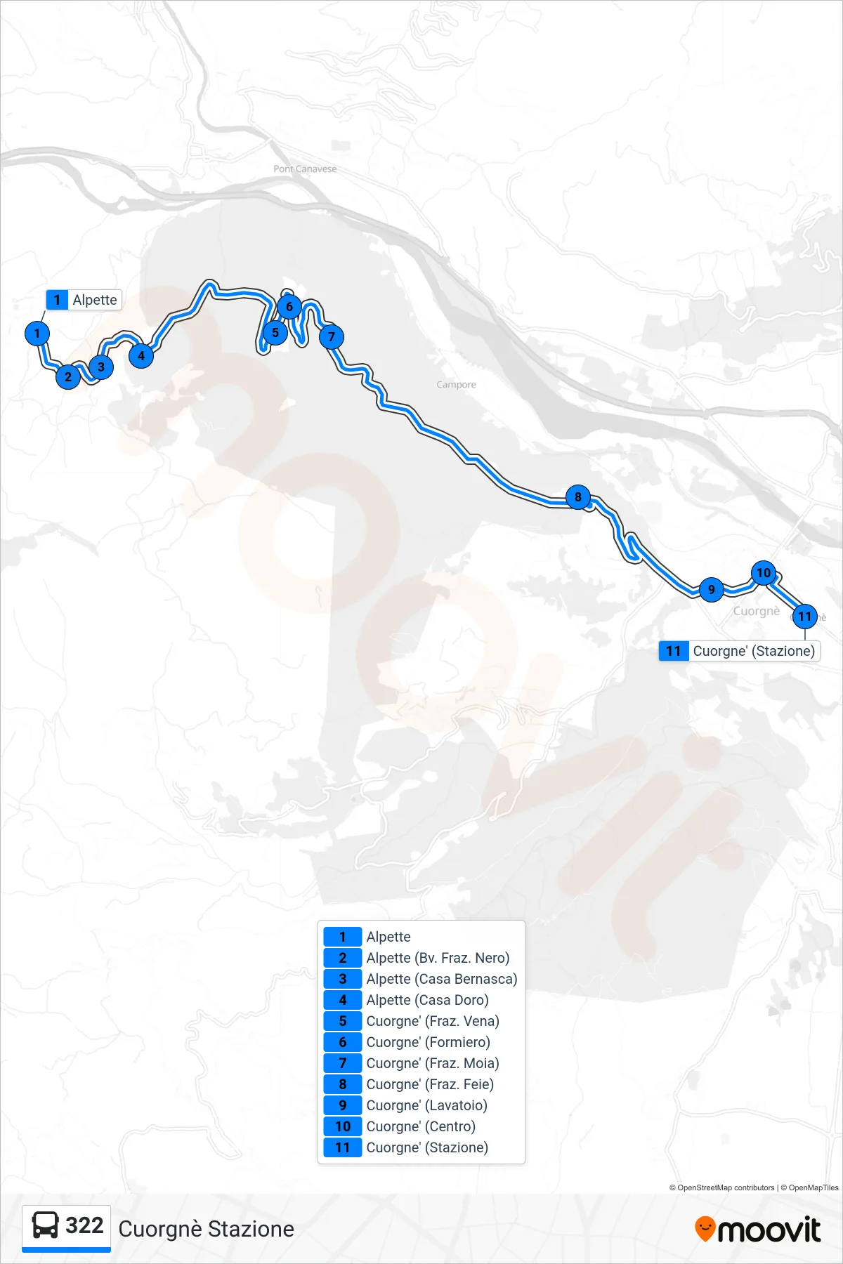 Linea 322 bus (Cuorgnè Stazione) - Percorsi e fermate sulla mappa