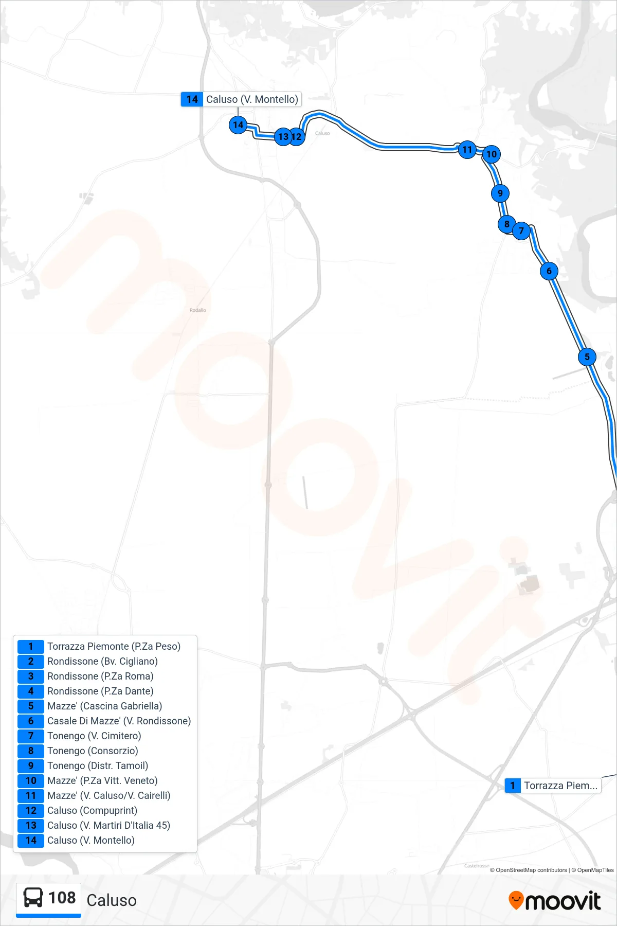 Linea 108 bus (Caluso) - Percorsi e fermate sulla mappa