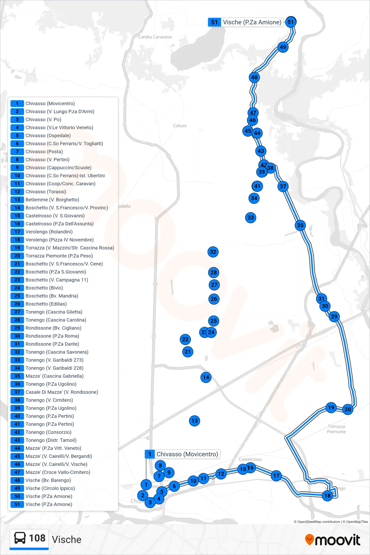 Linea 108 bus (Vische) - Percorsi e fermate sulla mappa