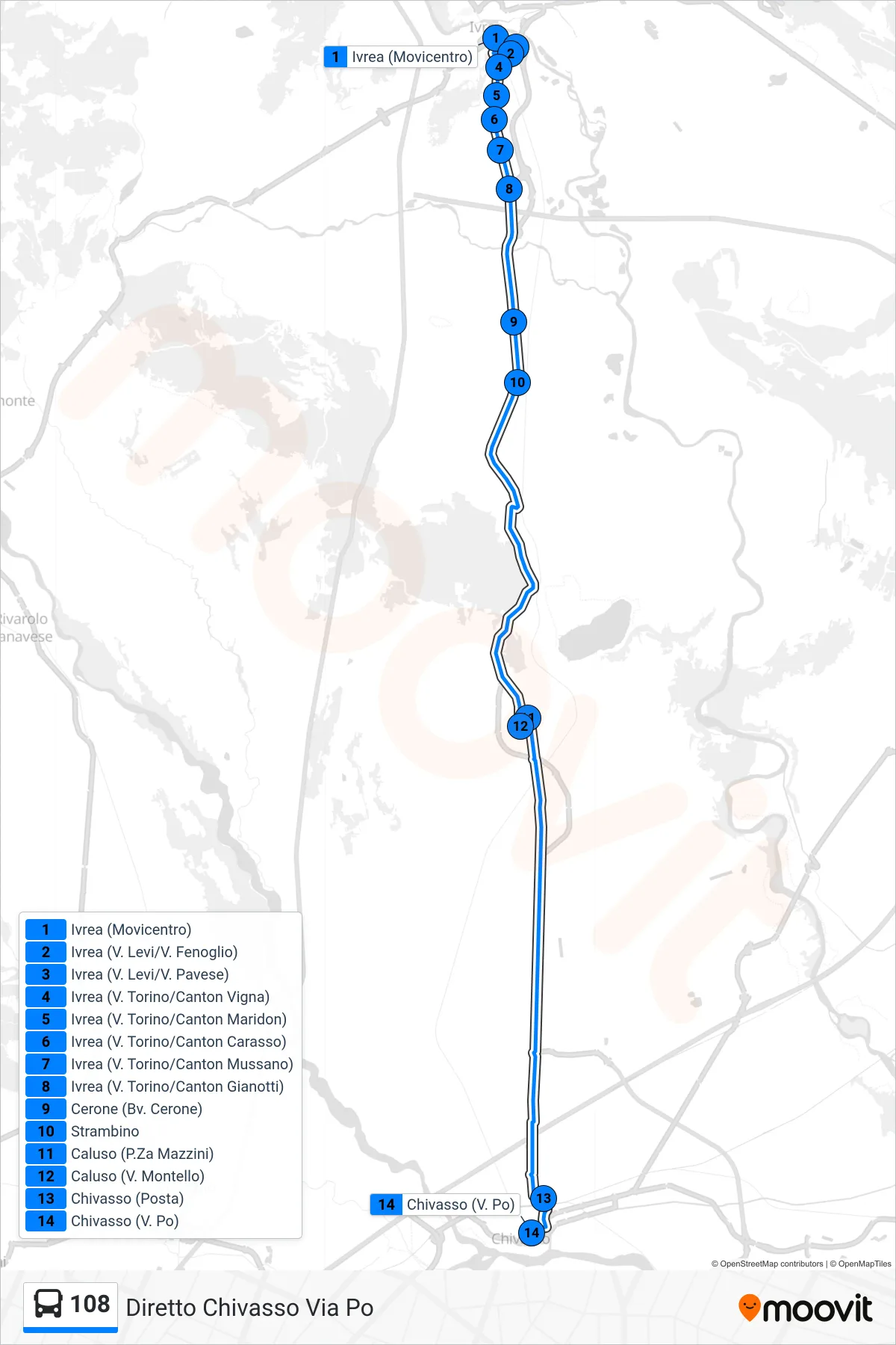 Linea 108 bus (Diretto Chivasso Via Po) - Percorsi e fermate sulla mappa