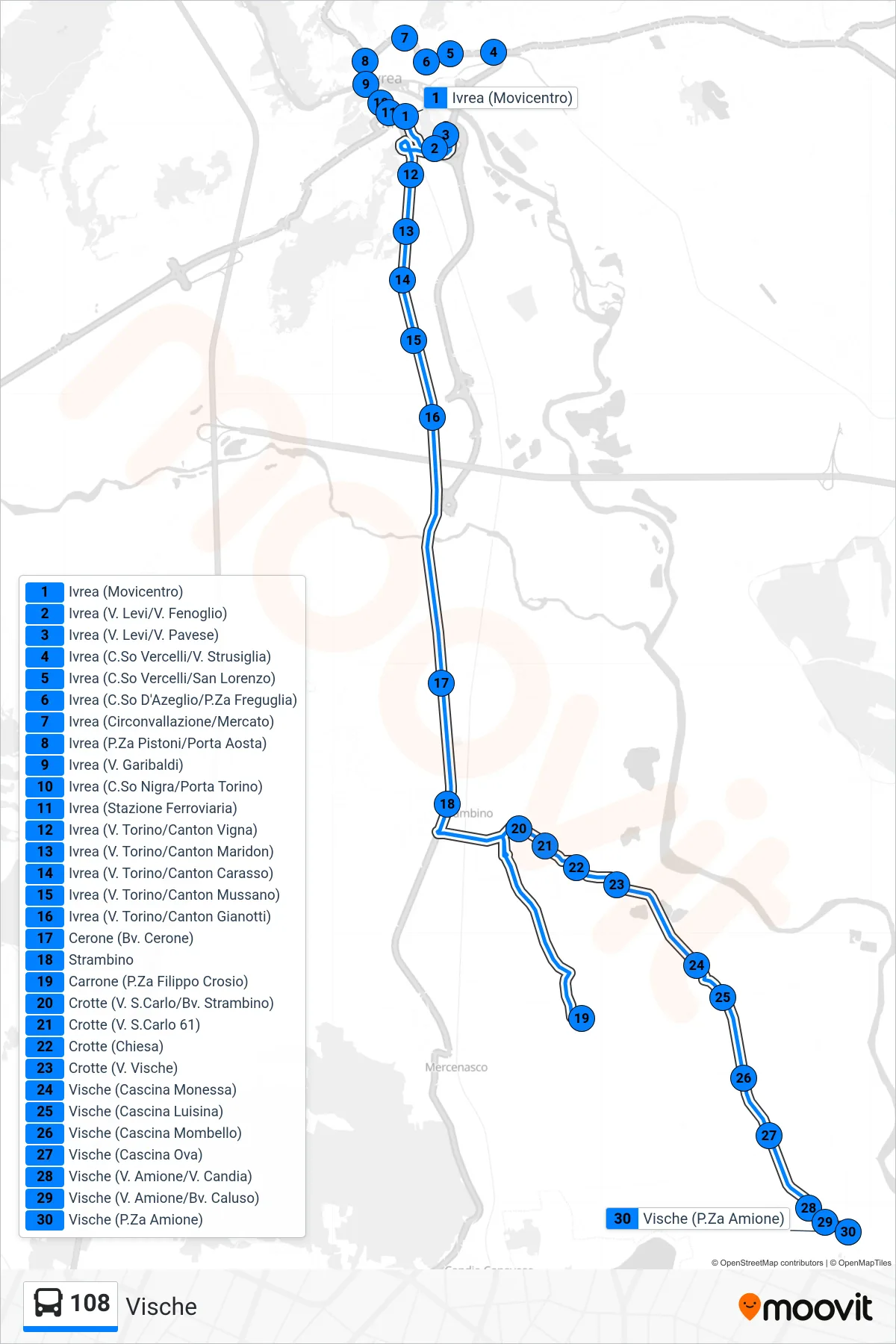 Linea 108 bus (Vische) - Percorsi e fermate sulla mappa