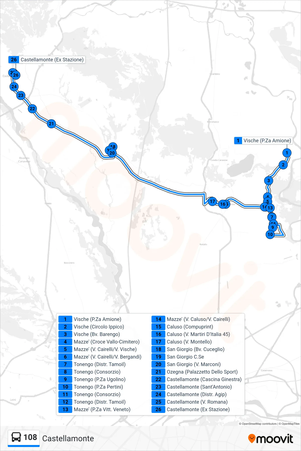 Linea 108 bus (Castellamonte) - Percorsi e fermate sulla mappa
