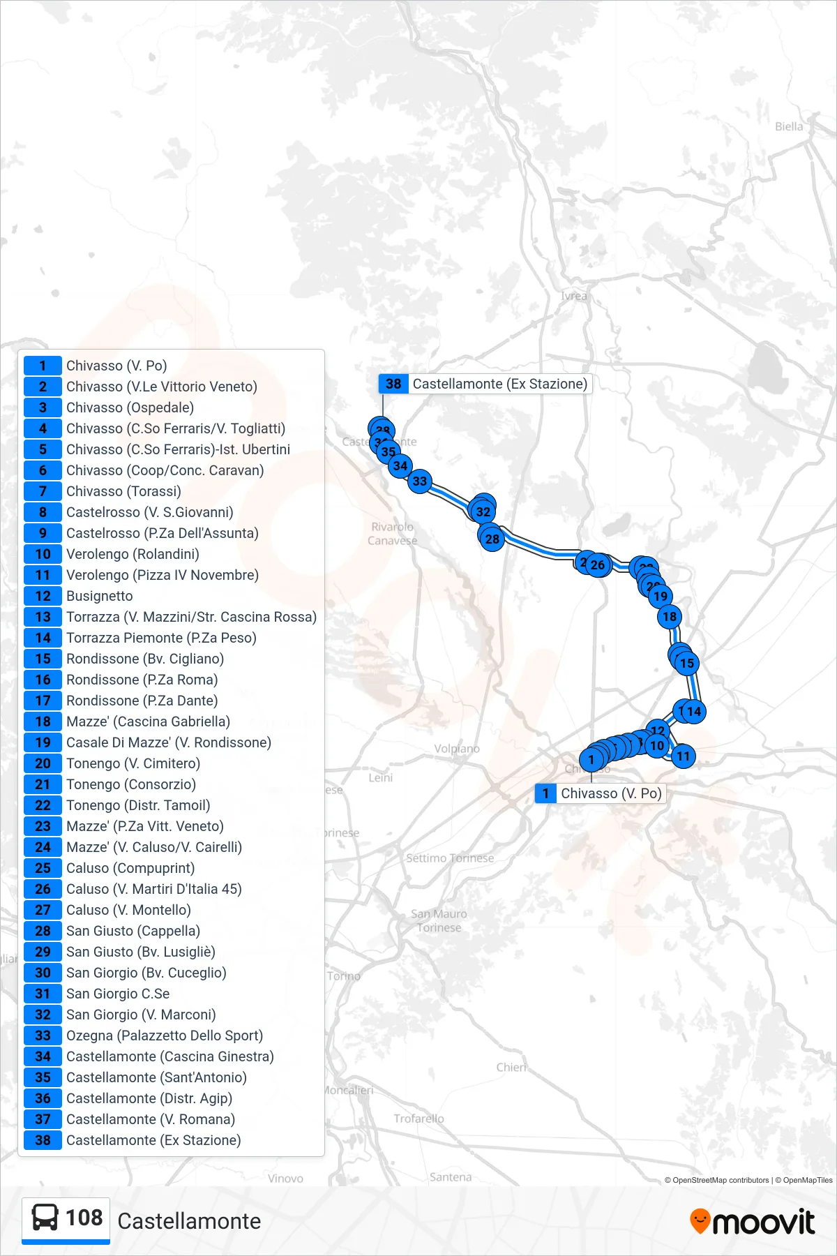 Linea 108  bus (Castellamonte) - Percorsi e fermate sulla mappa