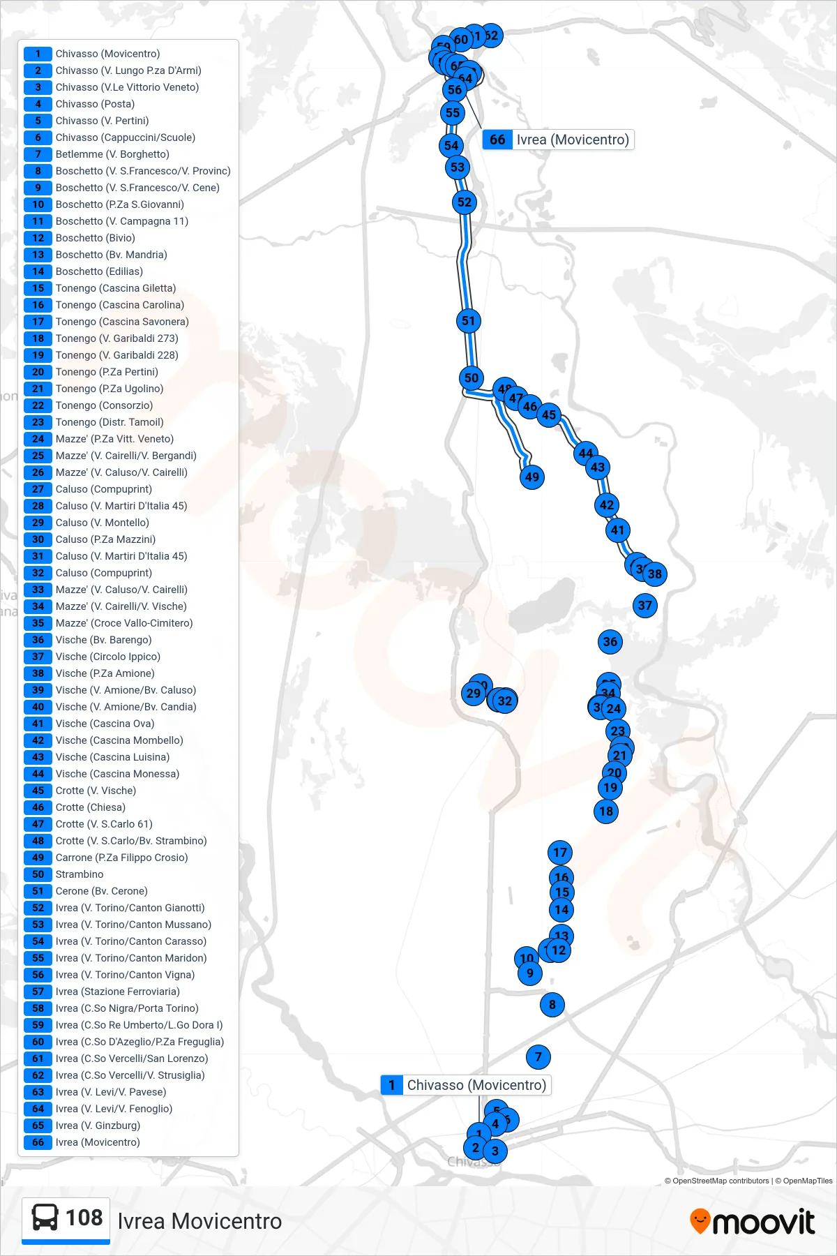 Linea 108 bus (Ivrea Movicentro) - Percorsi e fermate sulla mappa
