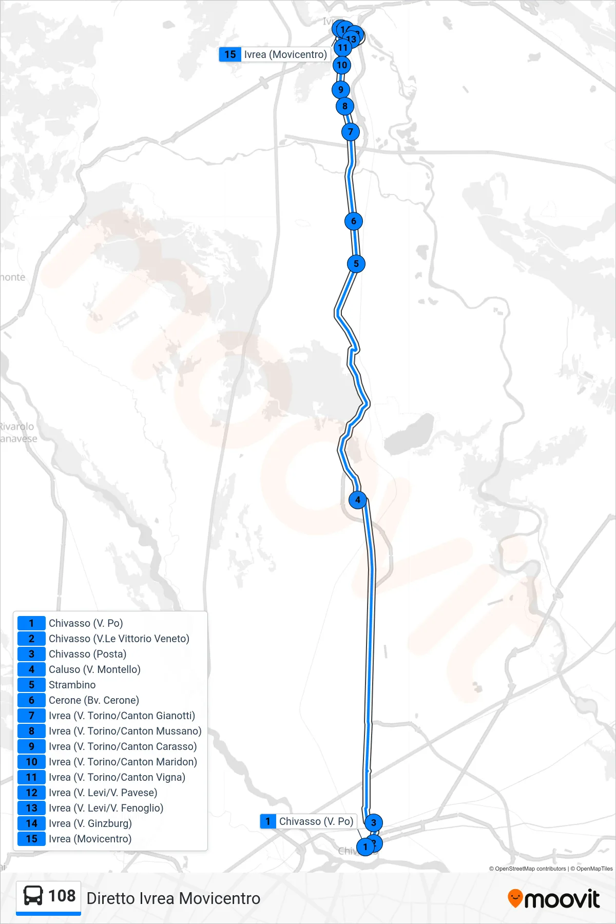 Linea 108  bus (Diretto Ivrea Movicentro) - Percorsi e fermate sulla mappa