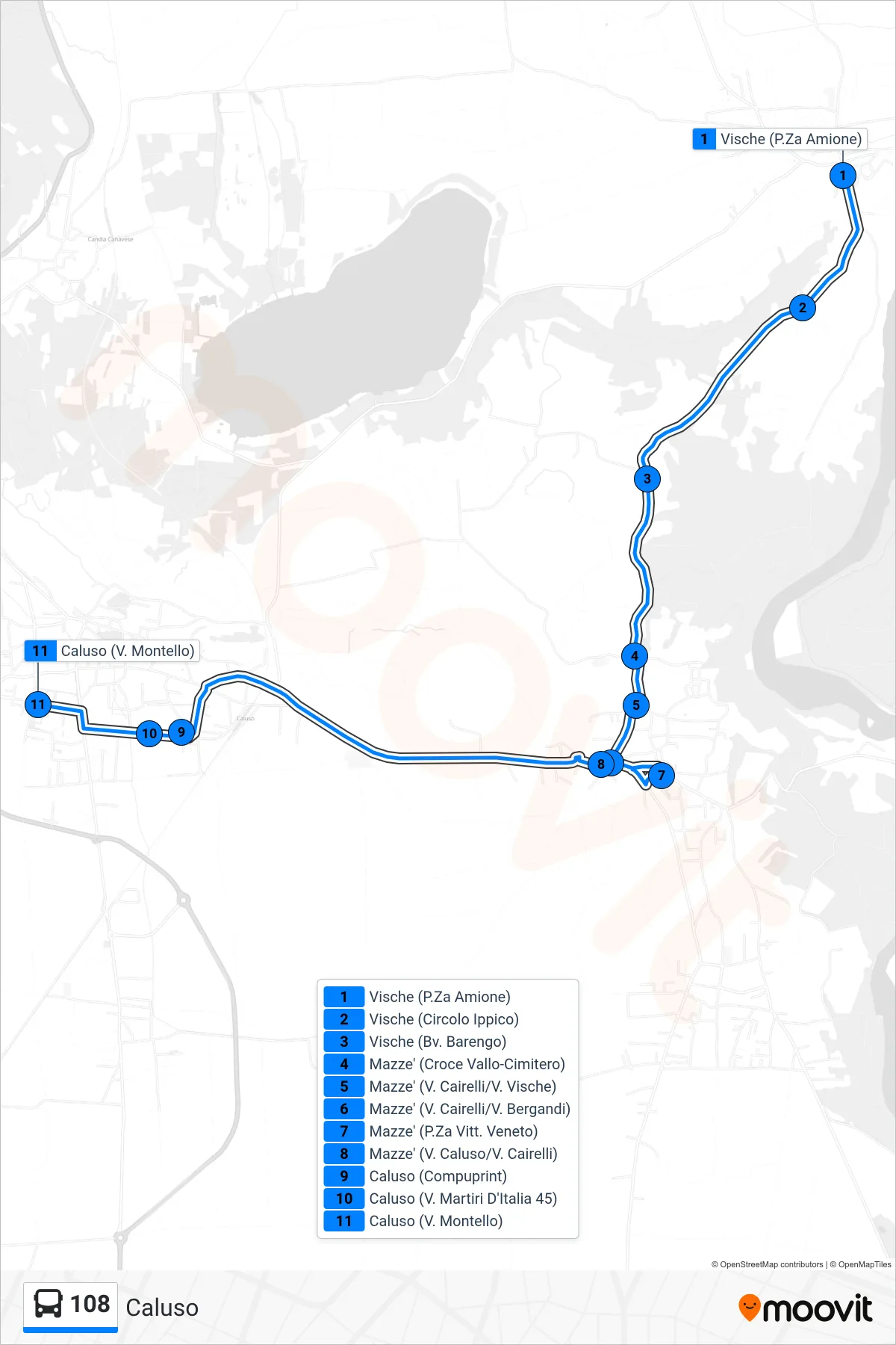Linea 108 bus (Caluso) - Percorsi e fermate sulla mappa