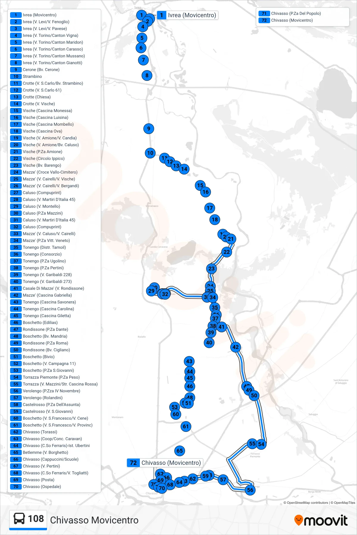 Linea 108  bus (Chivasso Movicentro) - Percorsi e fermate sulla mappa
