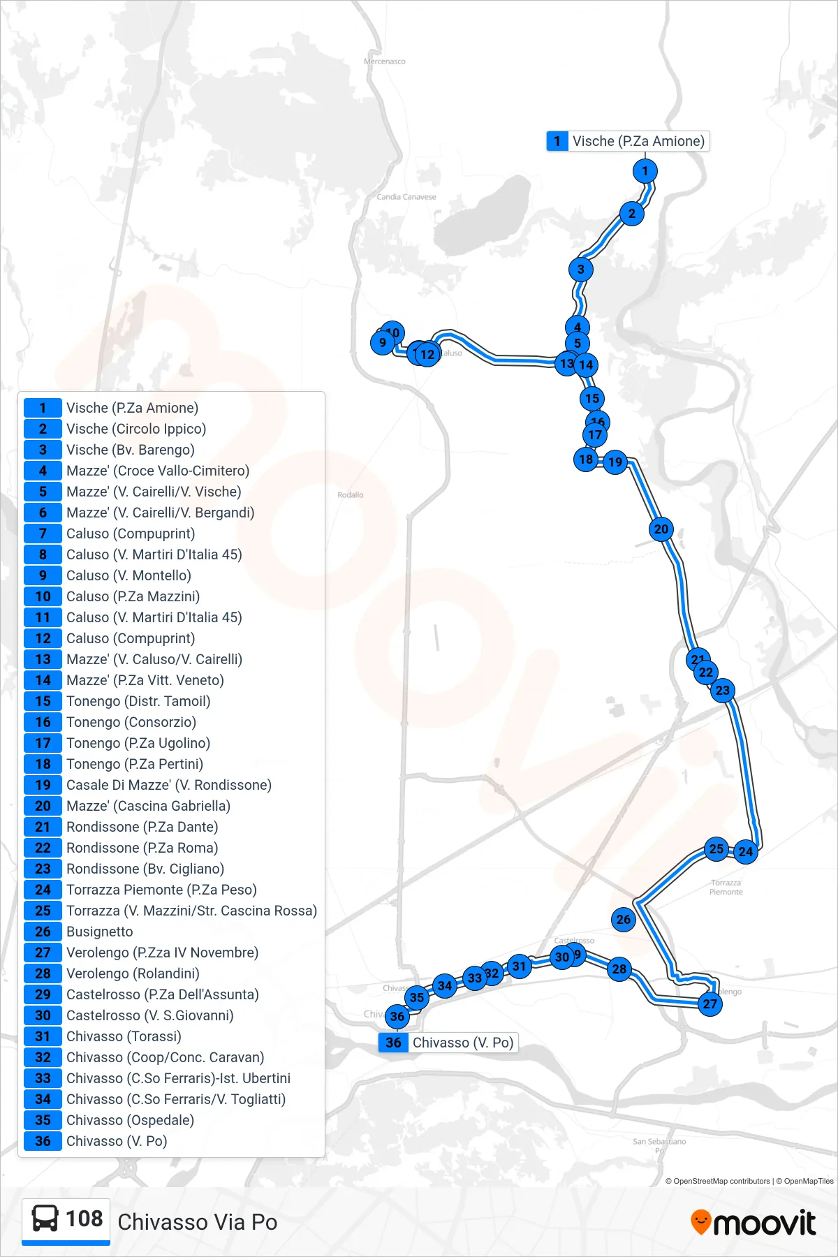 Linea 108 bus (Chivasso Via Po) - Percorsi e fermate sulla mappa