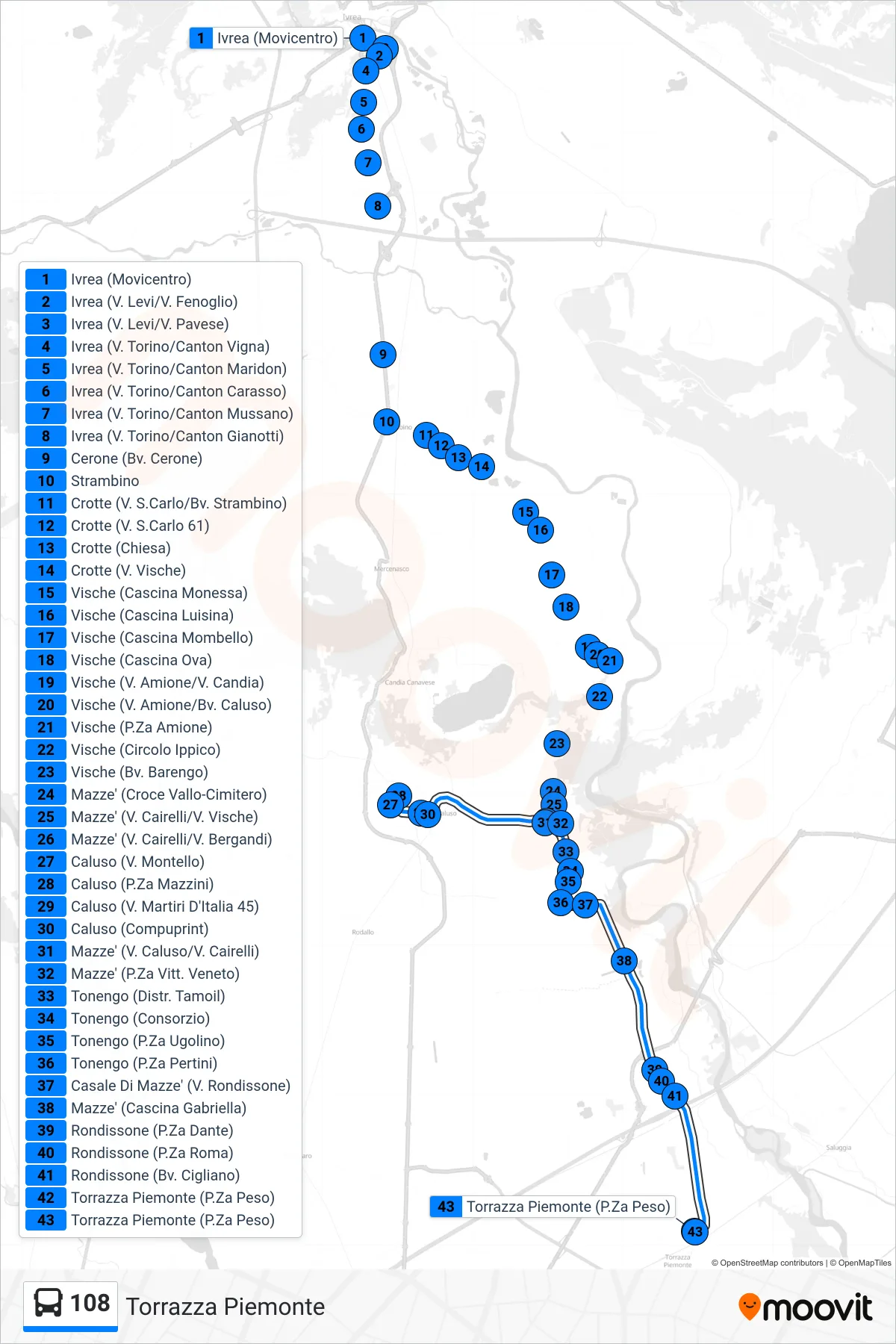 Linea 108  bus (Torrazza Piemonte) - Percorsi e fermate sulla mappa