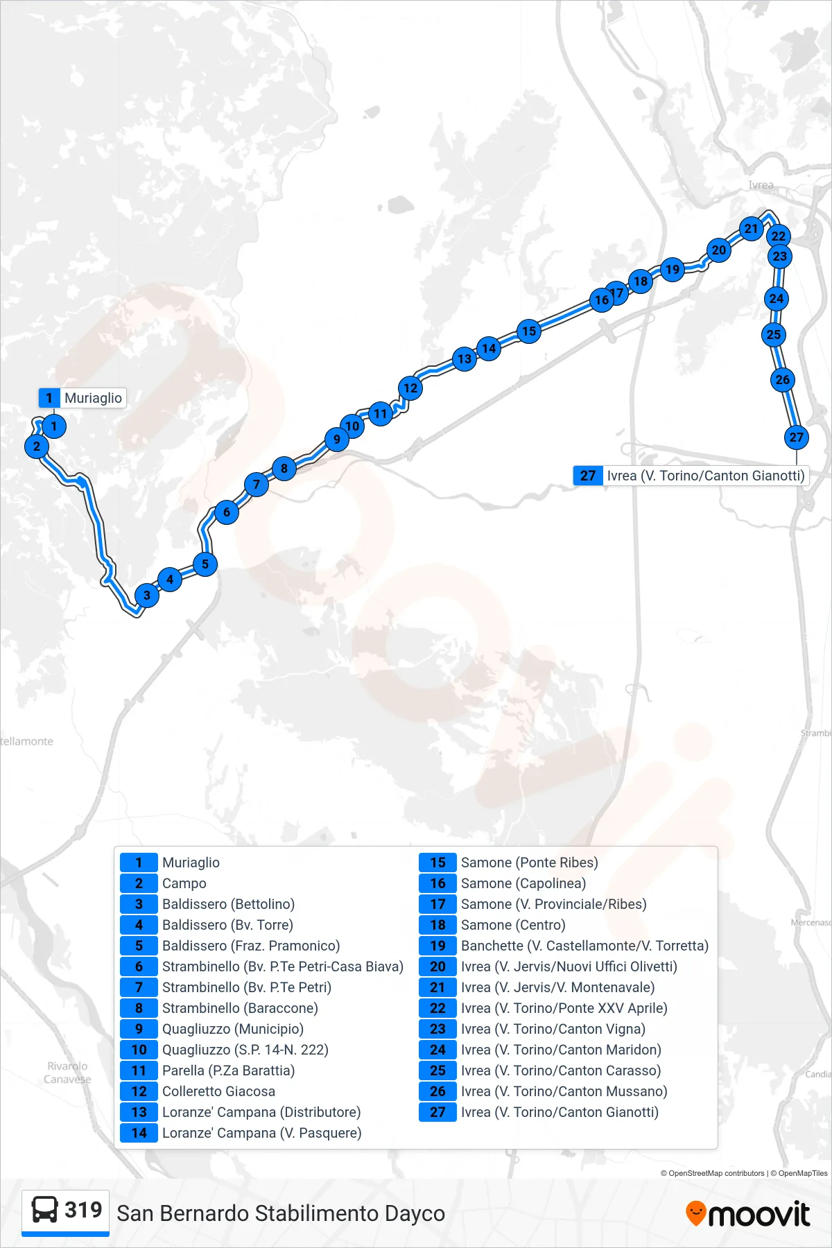 319 bus Line (San Bernardo Dayco Factory) route and stops on a map