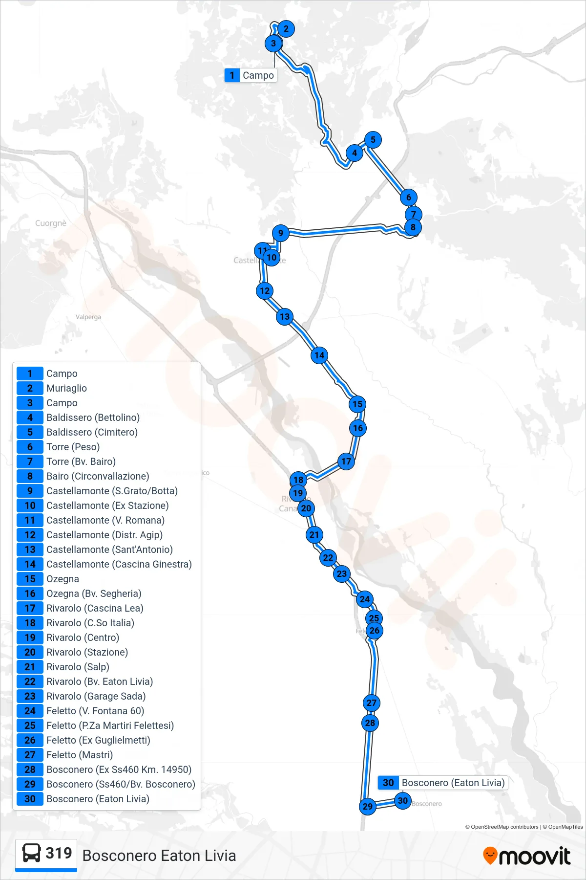 Linea 319 bus (Bosconero Eaton Livia) - Percorsi e fermate sulla mappa