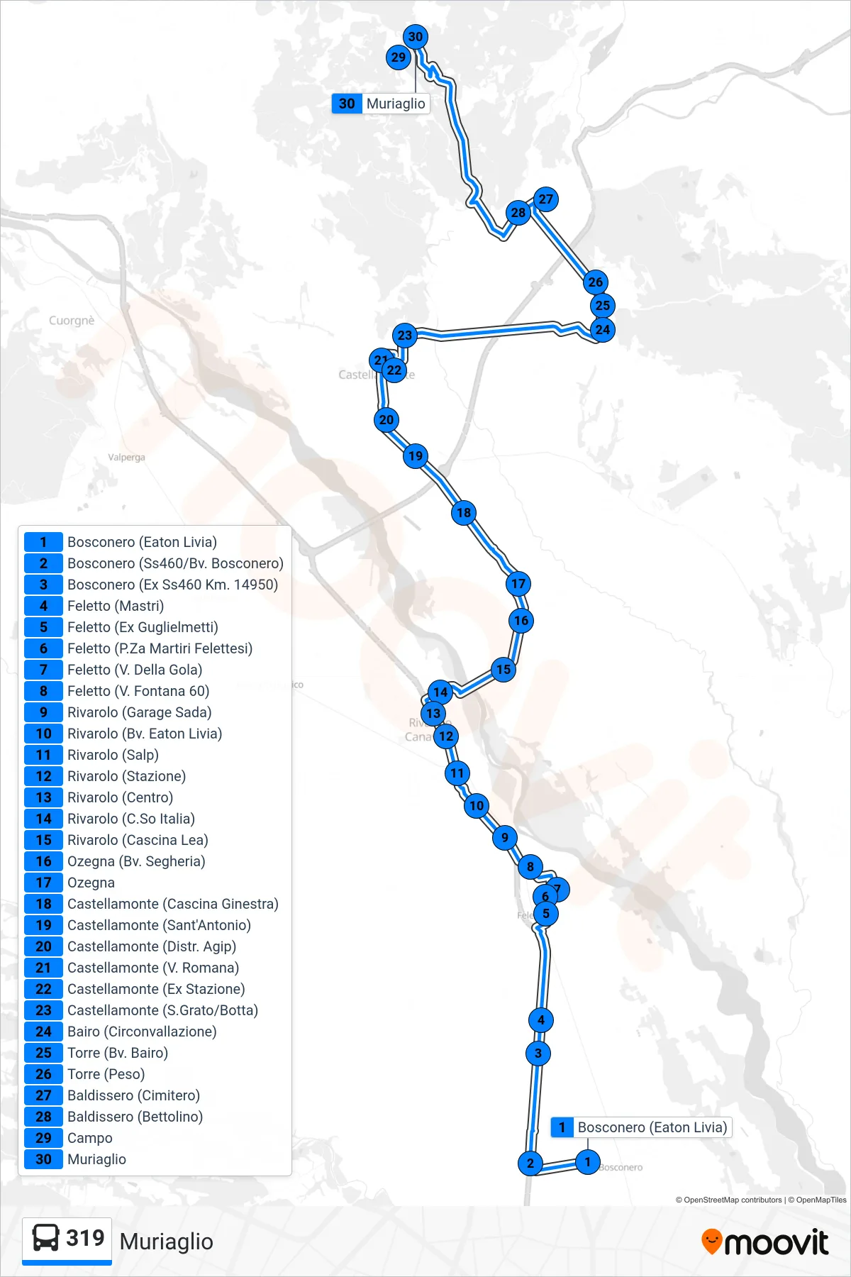 Linea 319 bus (Muriaglio) - Percorsi e fermate sulla mappa