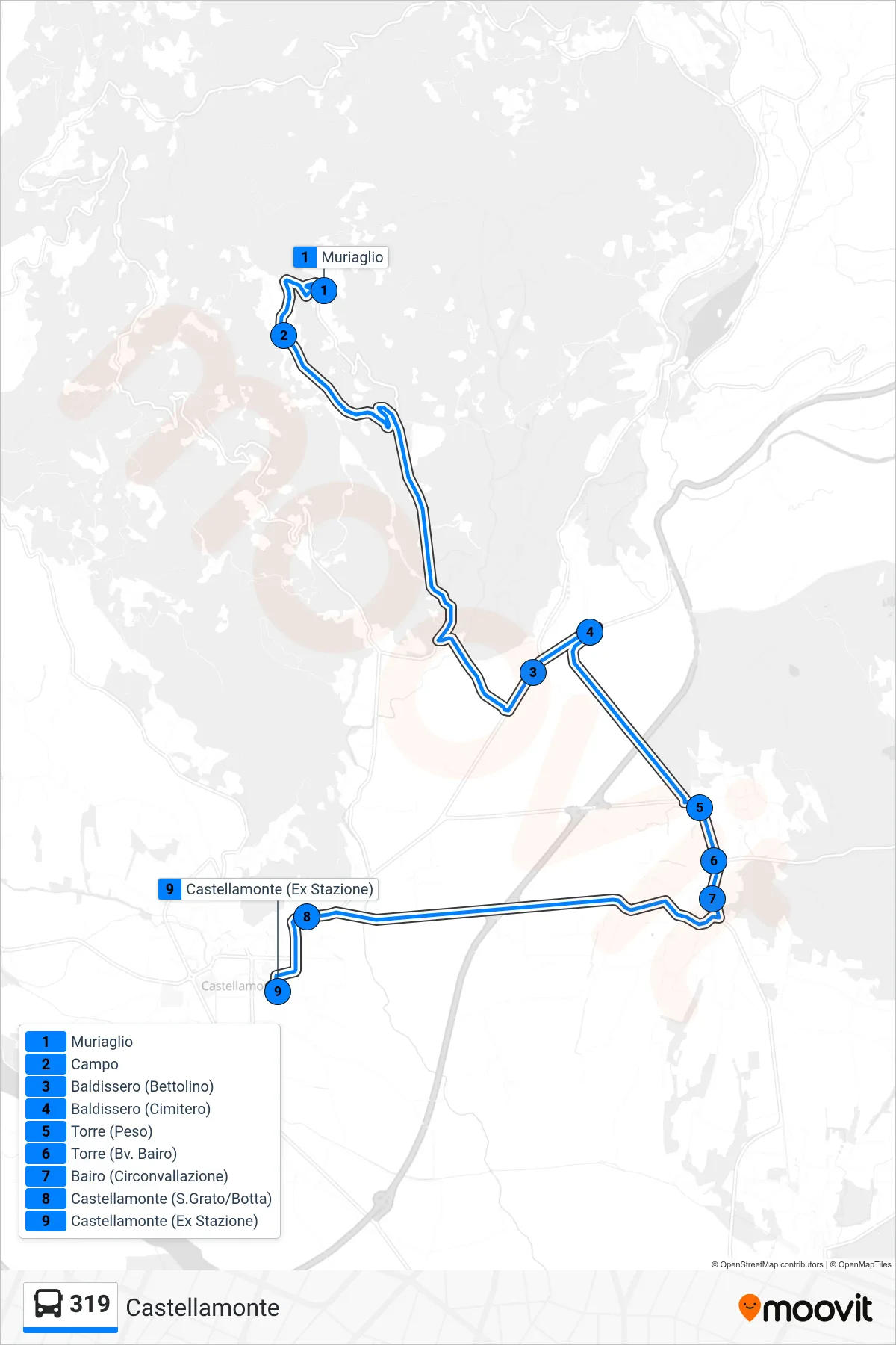 Linea 319  bus (Castellamonte) - Percorsi e fermate sulla mappa