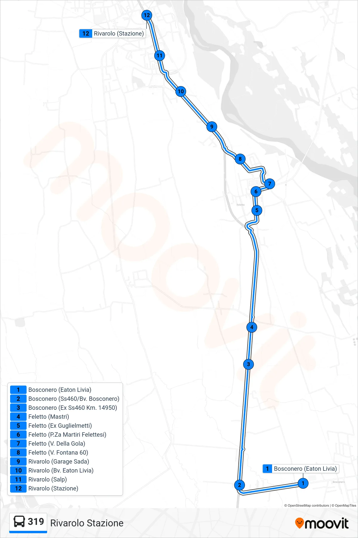 319 bus Line (Rivarolo Station) route and stops on a map