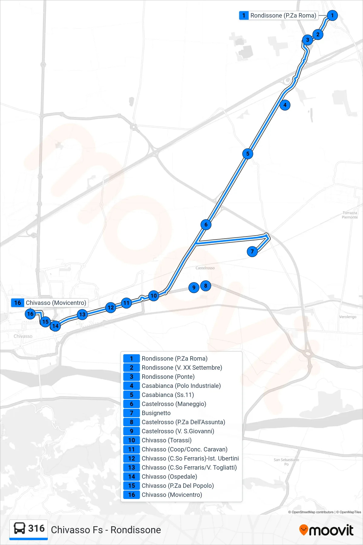 Linea 316 bus (Chivasso Movicentro) - Percorsi e fermate sulla mappa