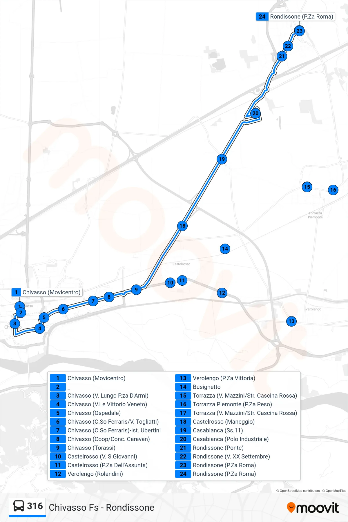 Linea 316  bus (Rondissone) - Percorsi e fermate sulla mappa
