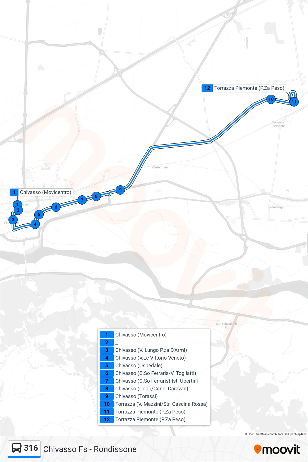 Linea 316  bus (Torrazza Piemonte) - Percorsi e fermate sulla mappa