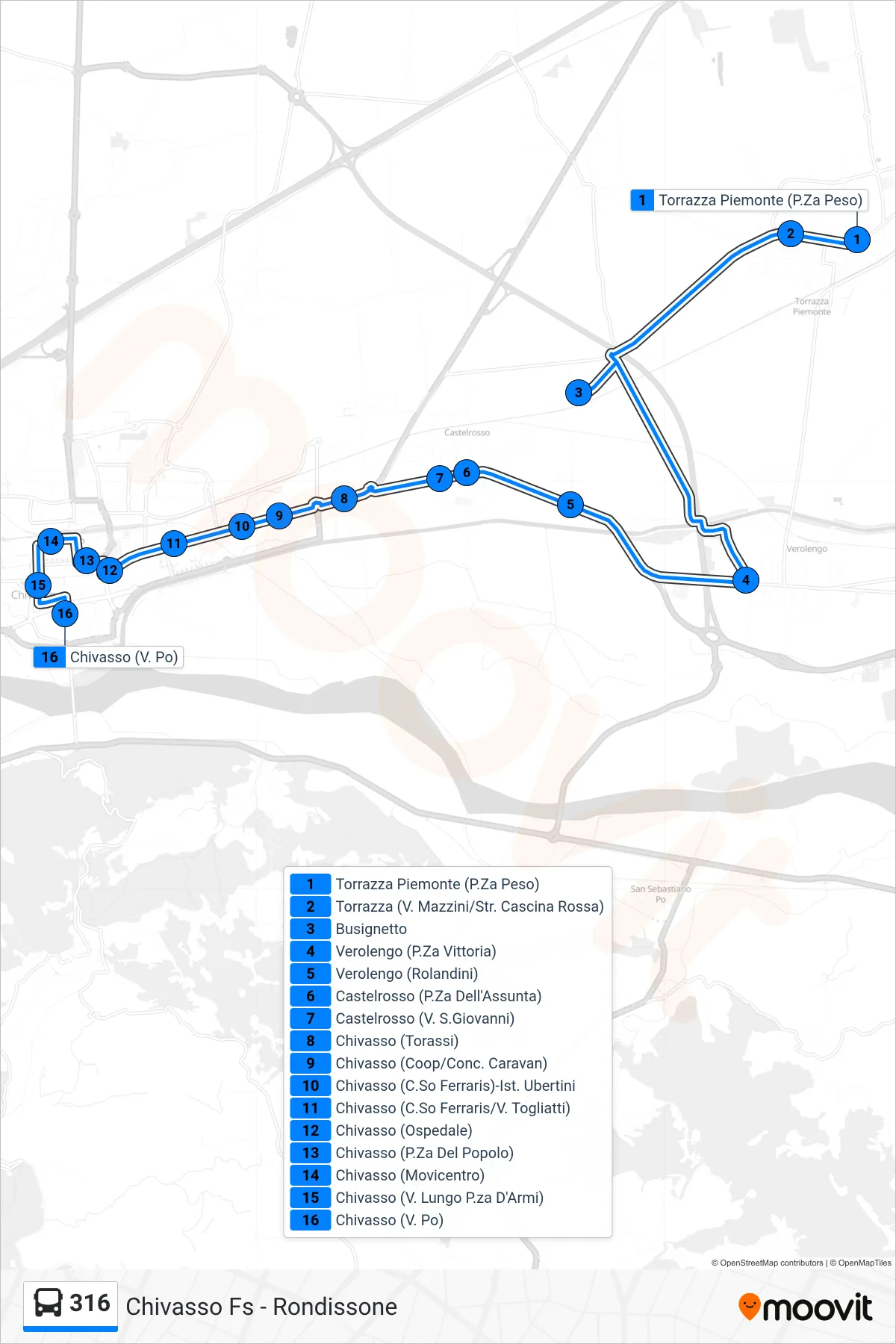 Linea 316 bus (Chivasso Via Po) - Percorsi e fermate sulla mappa