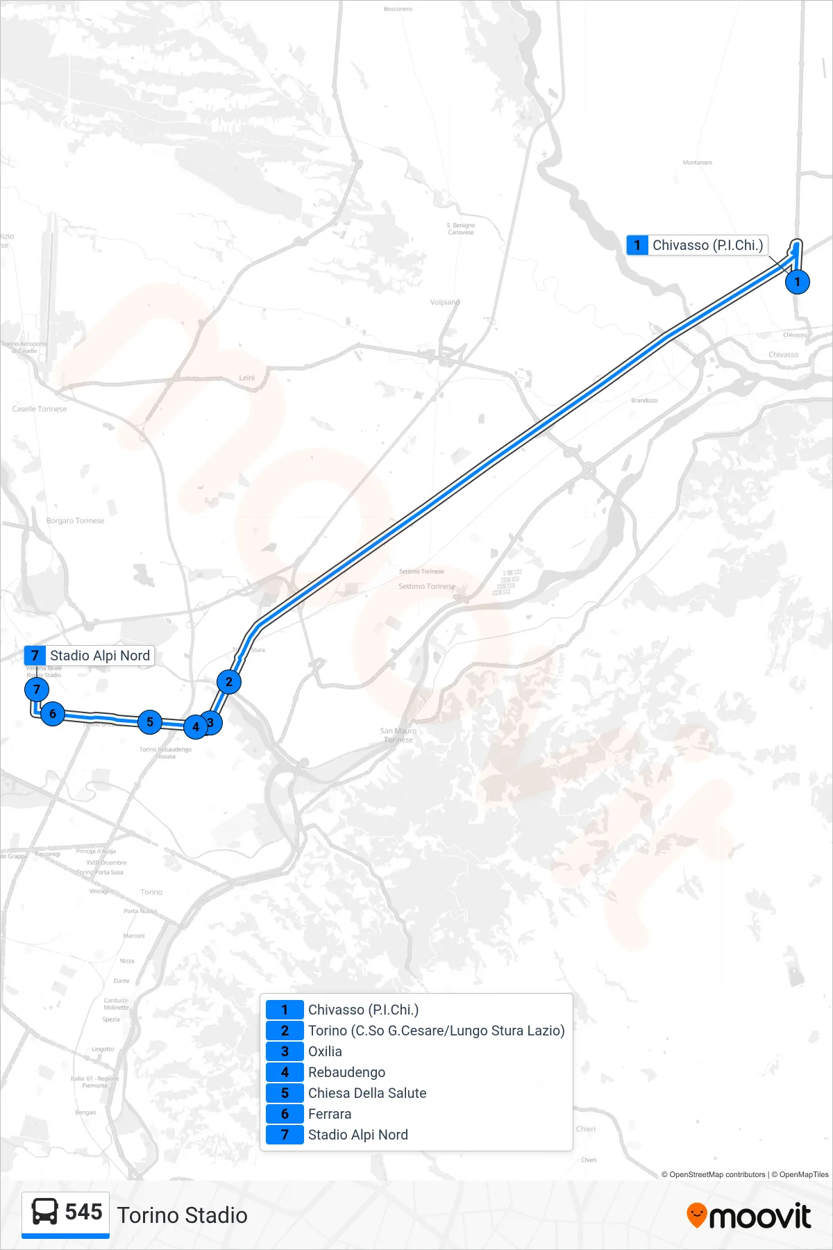 Linea 545 bus (Torino Stadio) - Percorsi e fermate sulla mappa