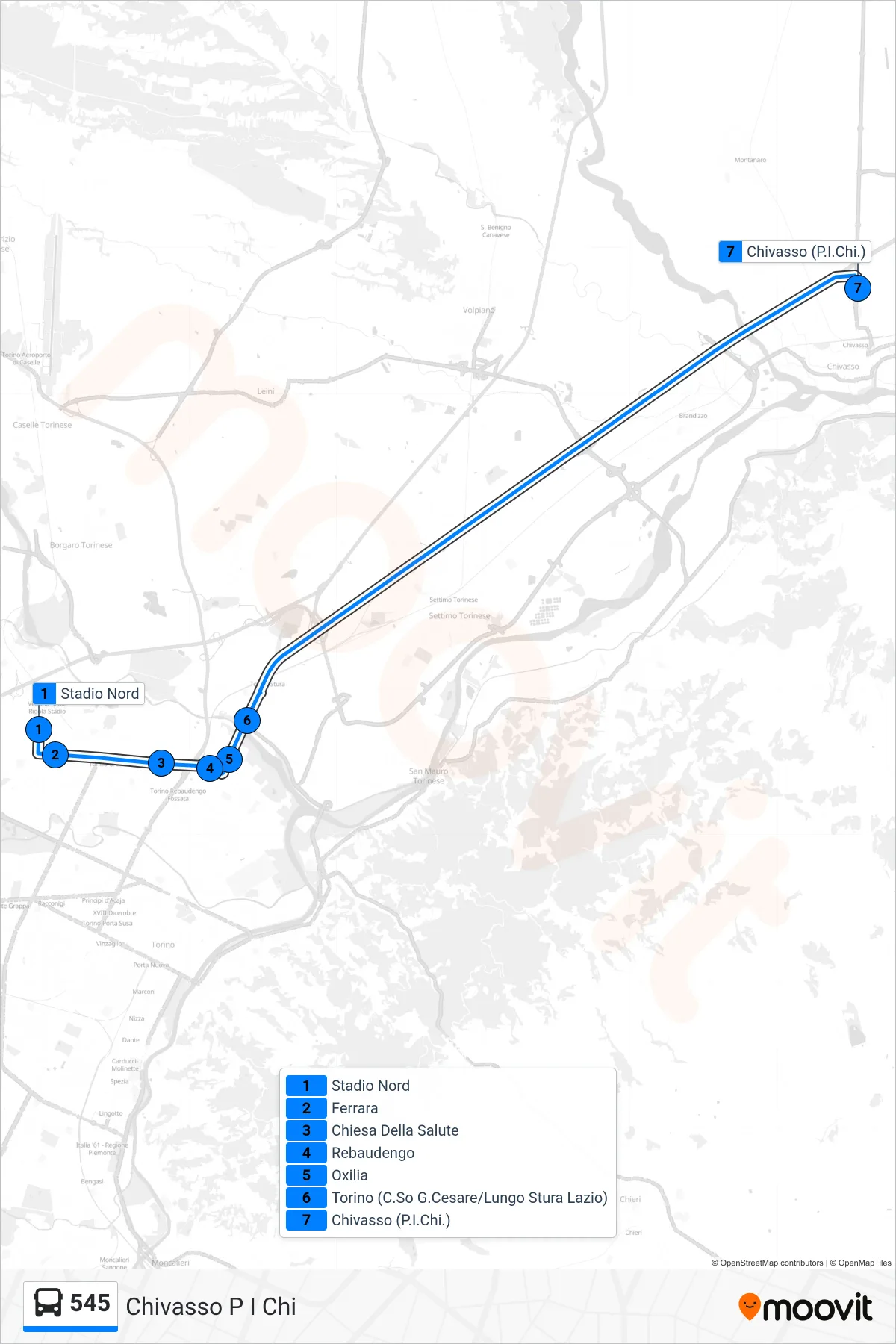 Linea 545 bus (Chivasso P I Chi) - Percorsi e fermate sulla mappa