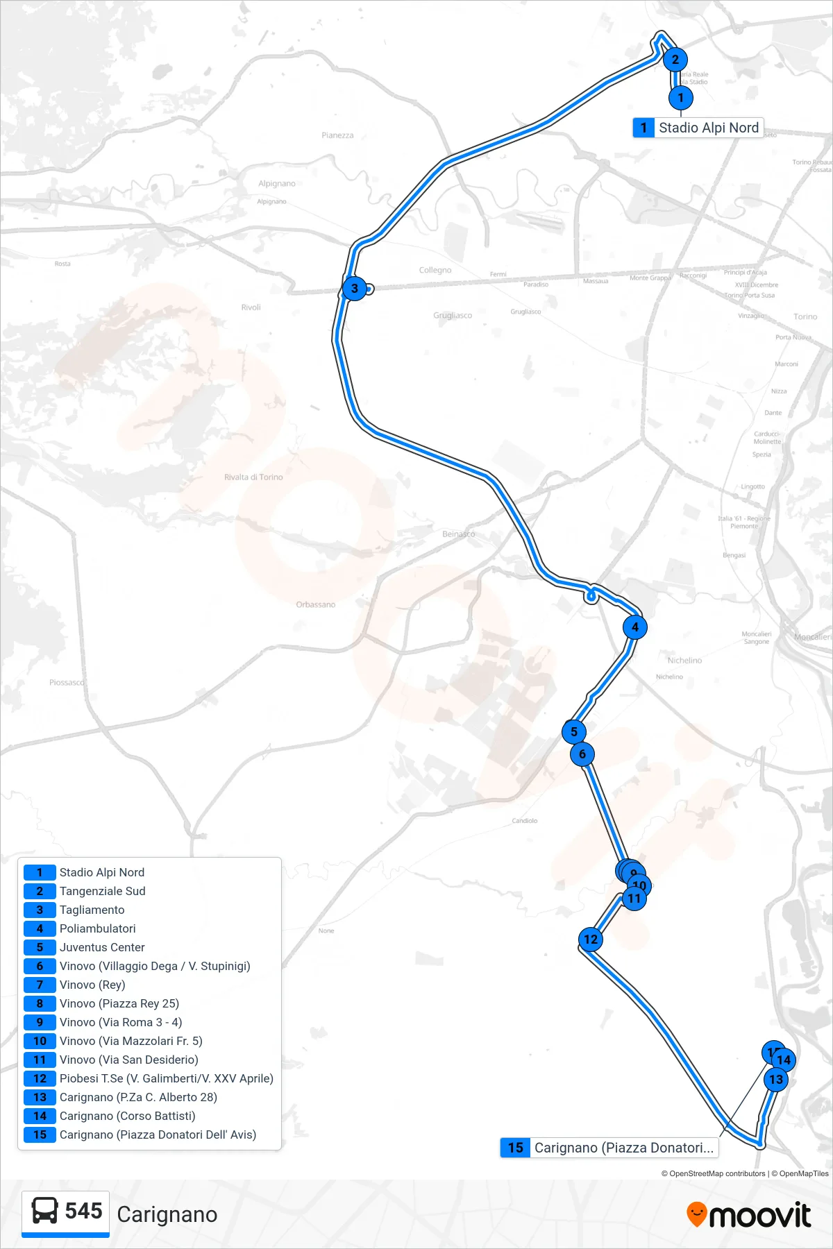 Linea 545 bus (Carignano) - Percorsi e fermate sulla mappa