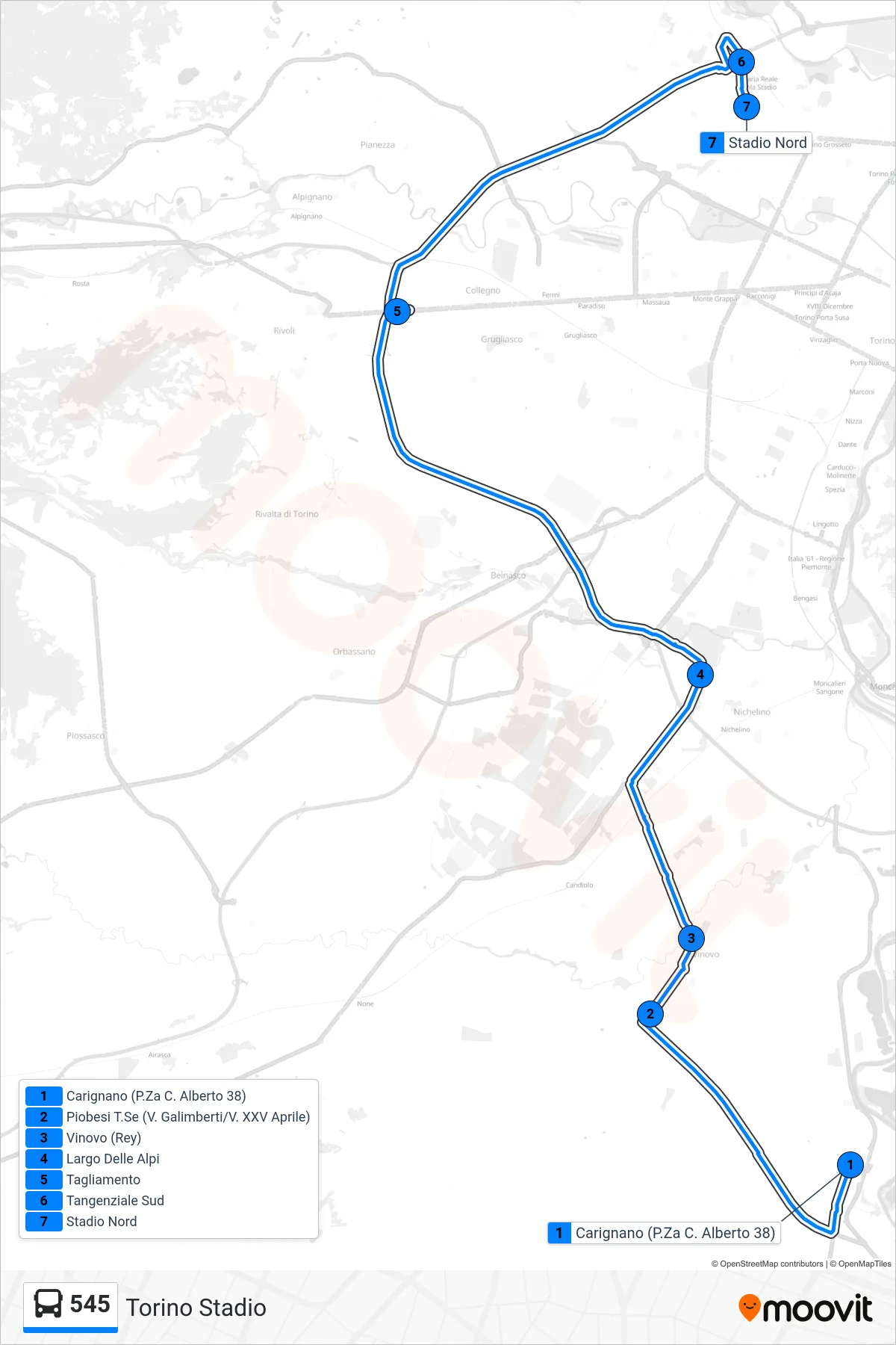 545 bus Line (Turin Stadium) route and stops on a map