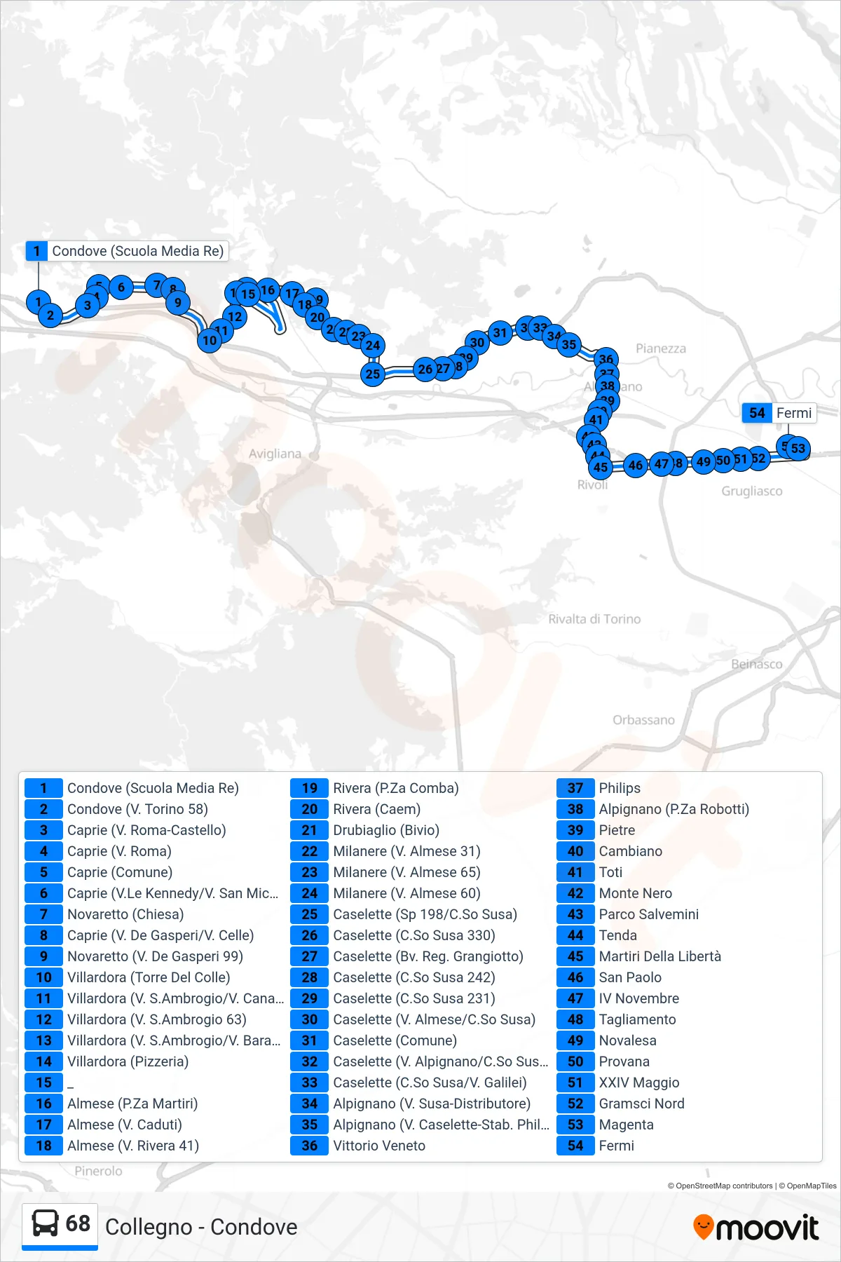Linea 68 bus (Collegno Stazione Fermi) - Percorsi e fermate sulla mappa