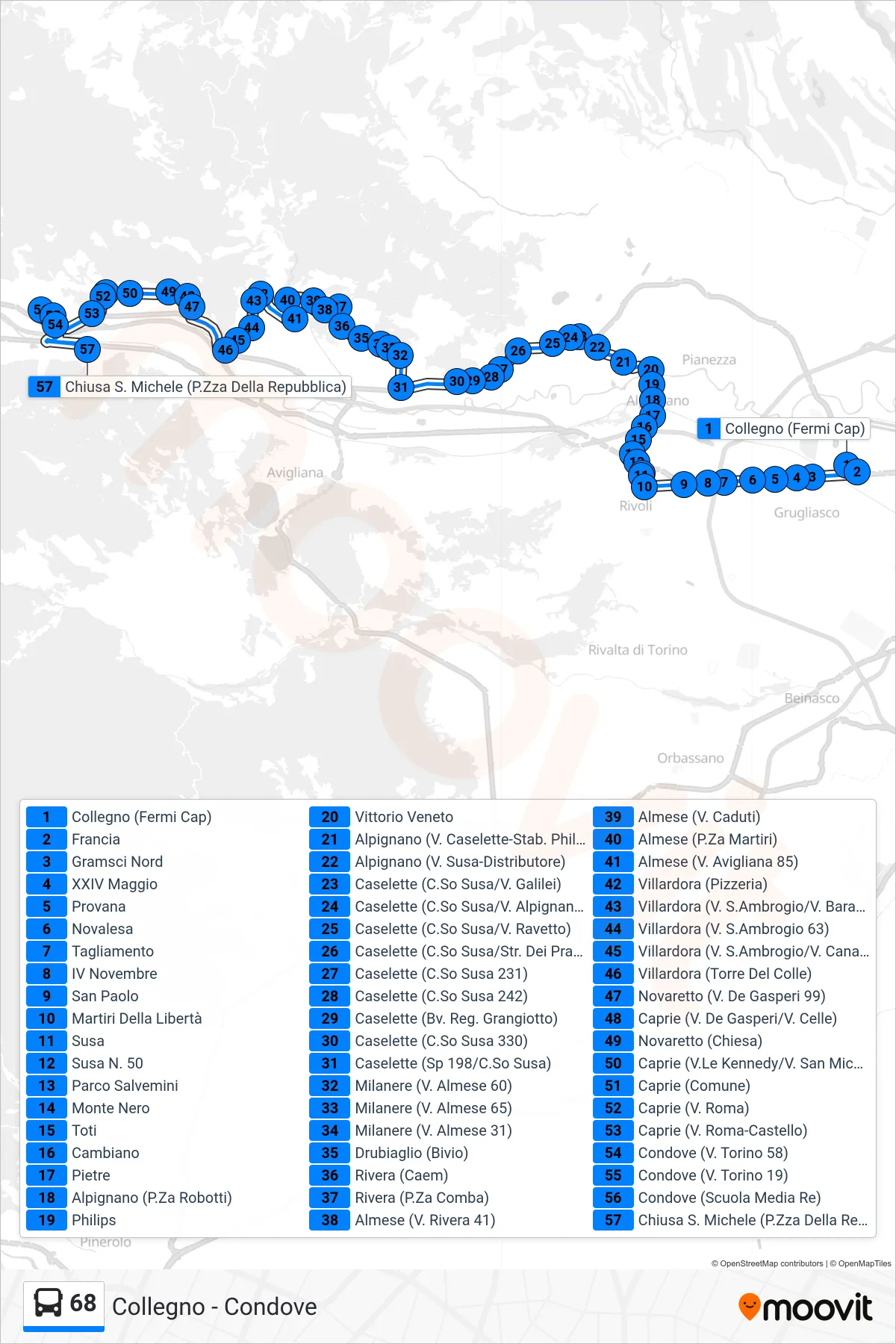 Linea 68  bus (Condove) - Percorsi e fermate sulla mappa