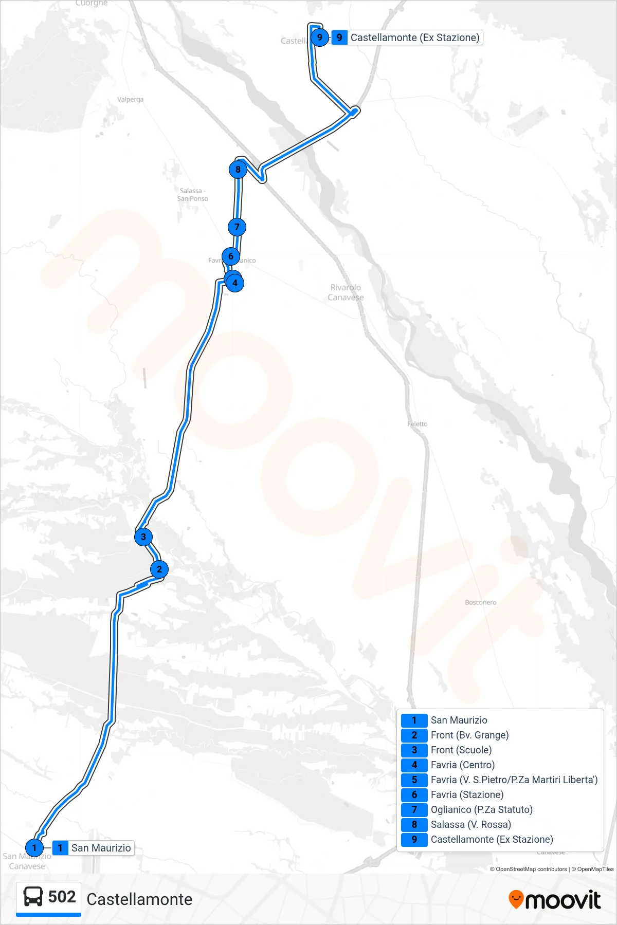 Linea 502 bus (Castellamonte) - Percorsi e fermate sulla mappa